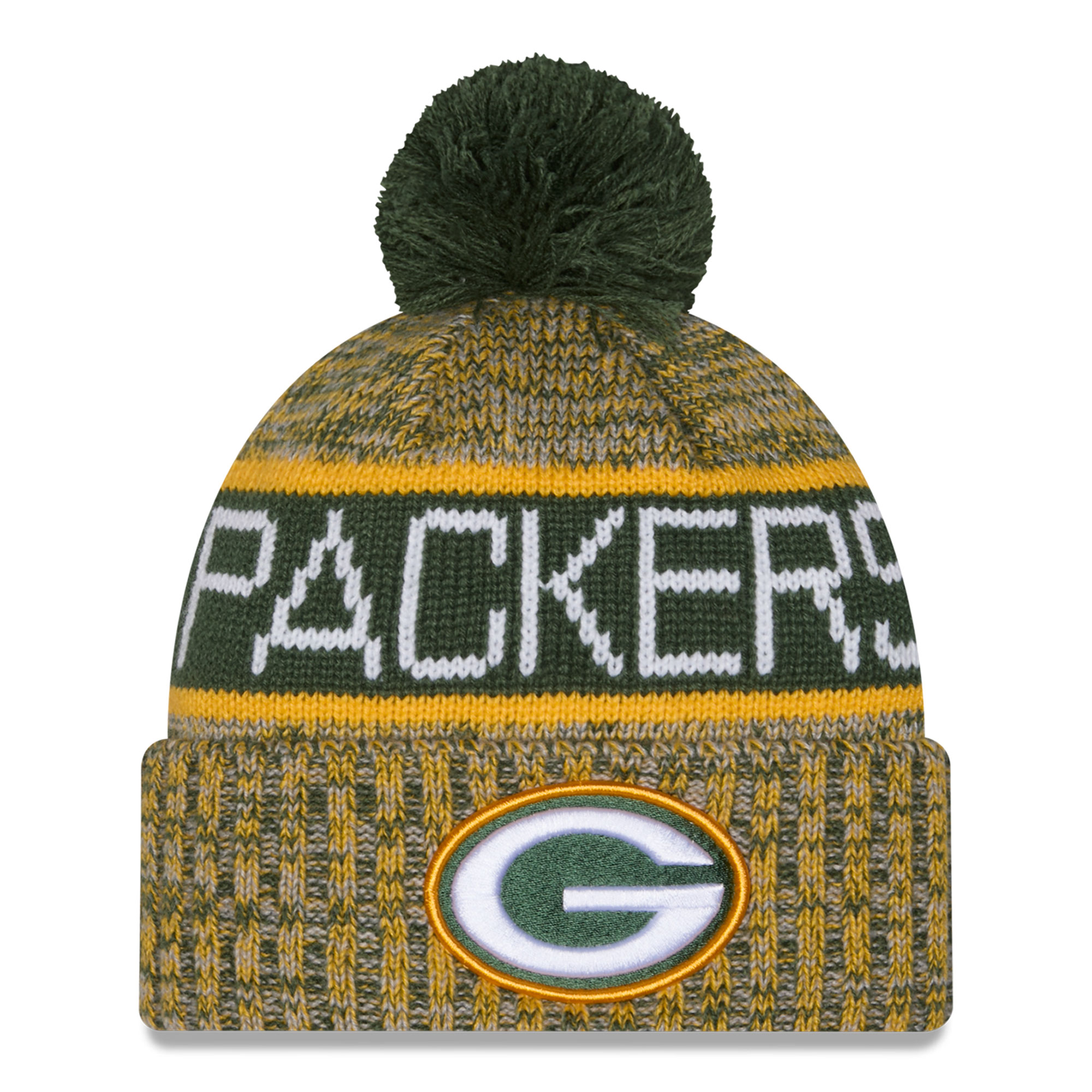 Girls Youth New Era Green Green Bay Packers Tri-Color Cuffed Knit Hat with Pom