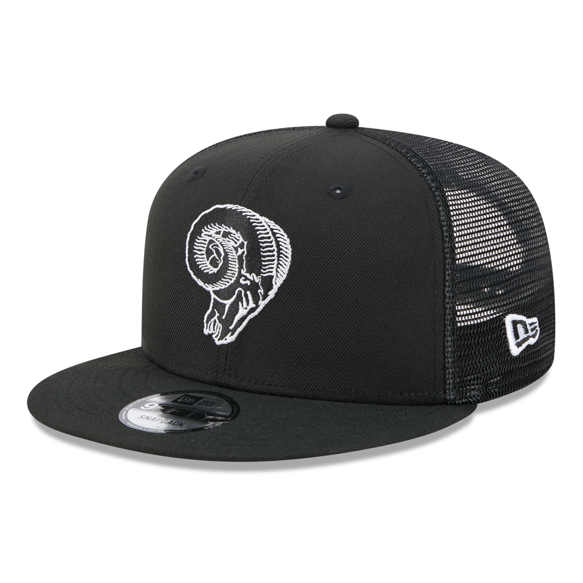 Men's New Era Black/White Los Angeles Rams 9FIFTY Snapback Trucker Hat