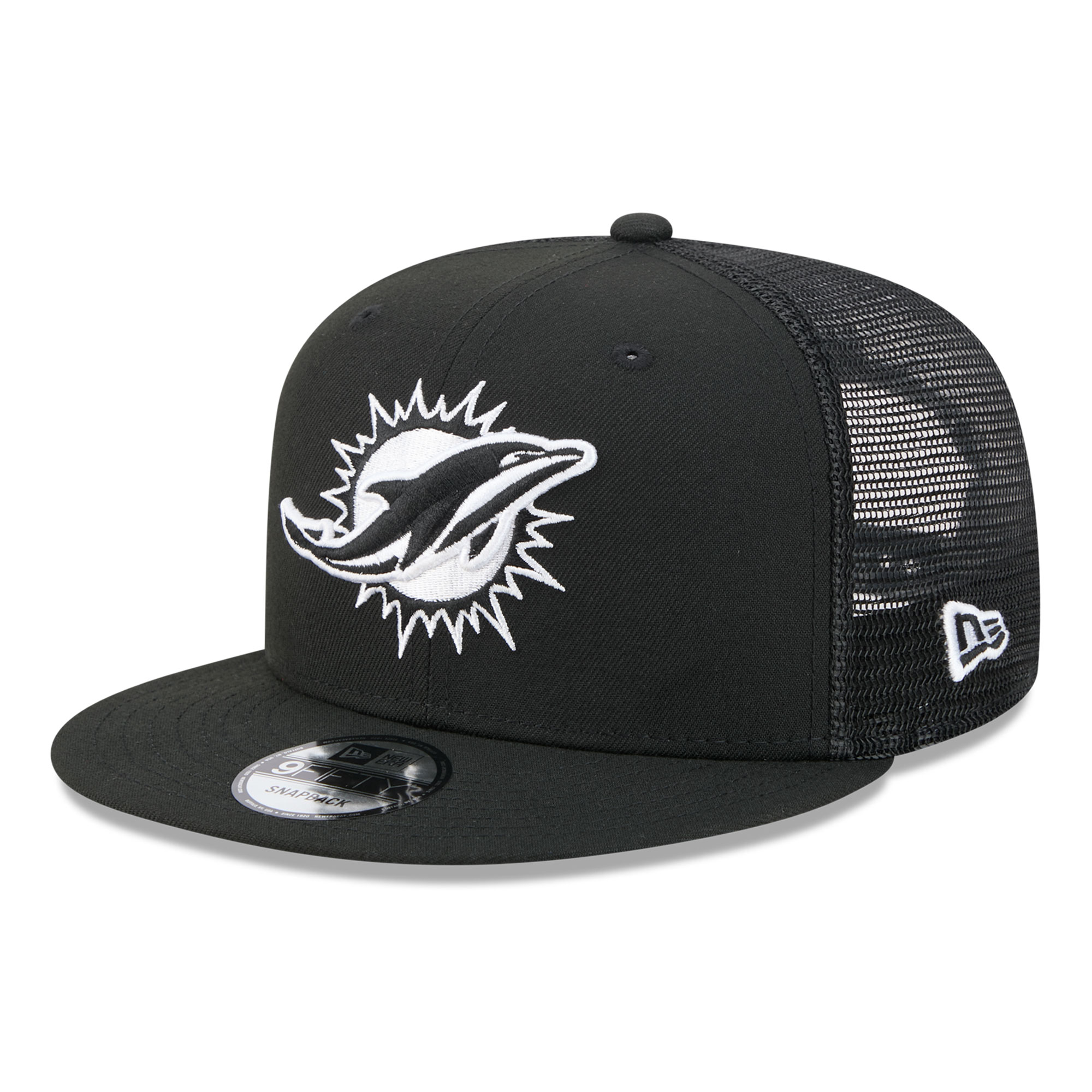 Men's New Era Black/White Miami Dolphins 9FIFTY Snapback Trucker Hat