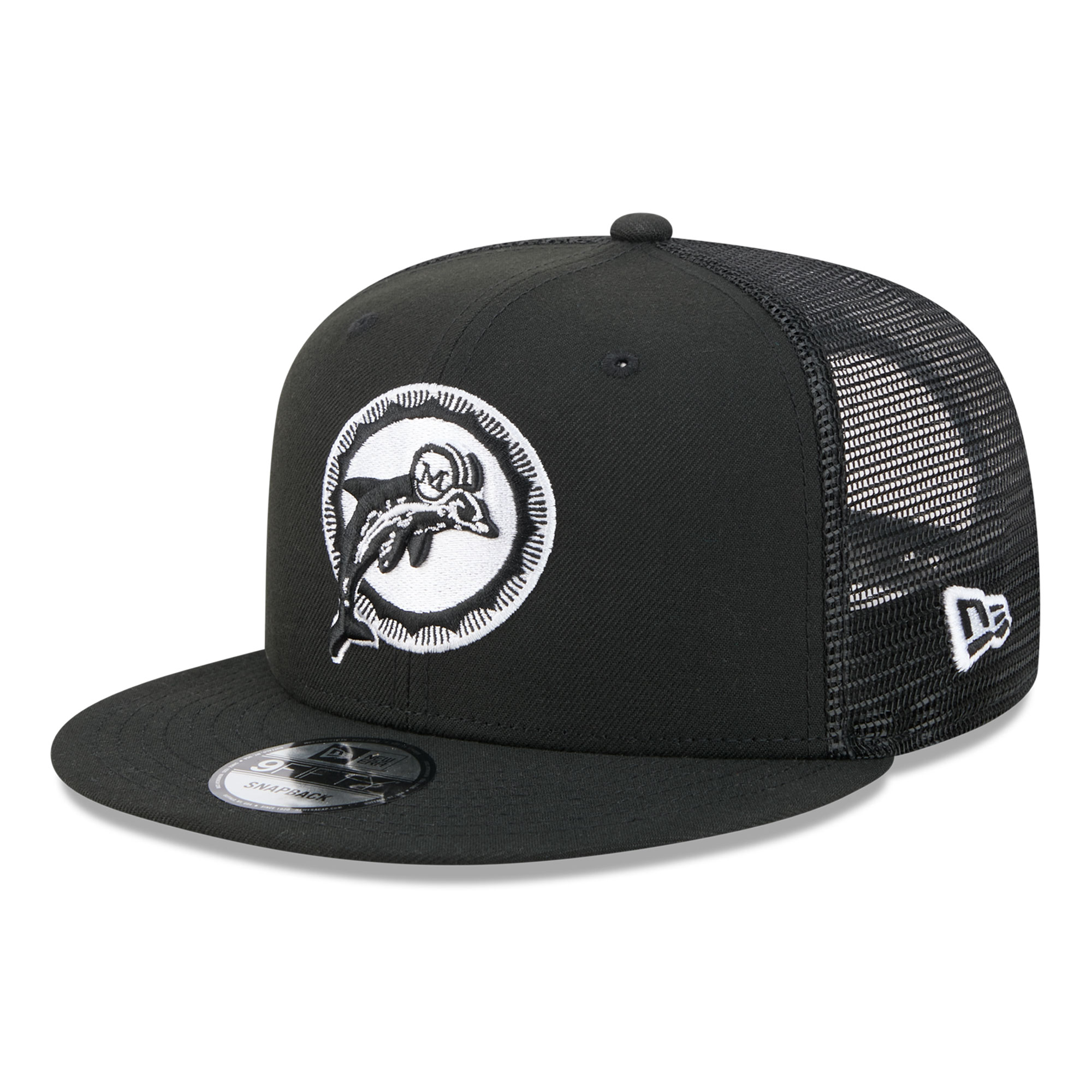 Men's New Era Black/White Miami Dolphins 9FIFTY Snapback Trucker Hat