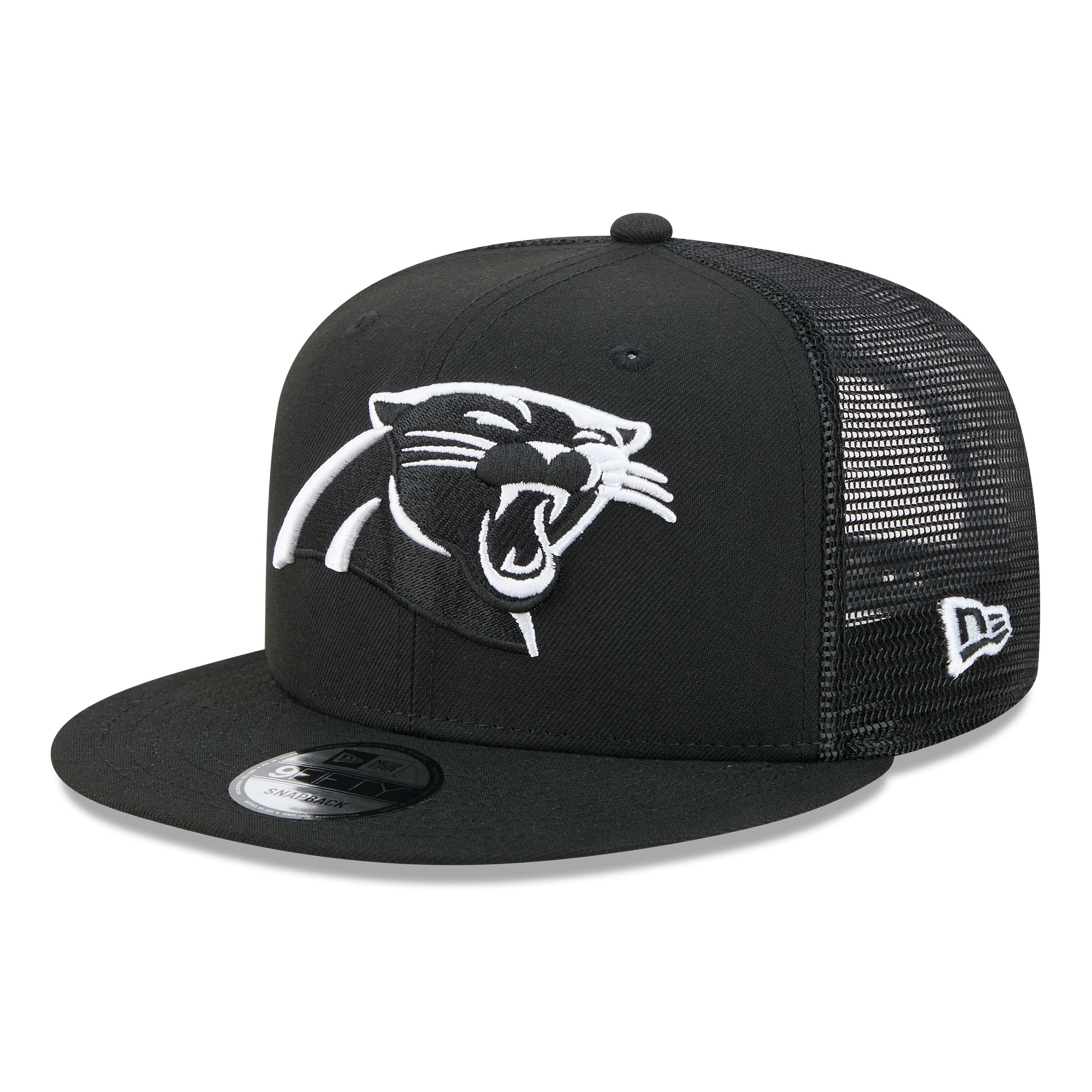 Men's New Era Black/White Carolina Panthers 9FIFTY Snapback Trucker Hat