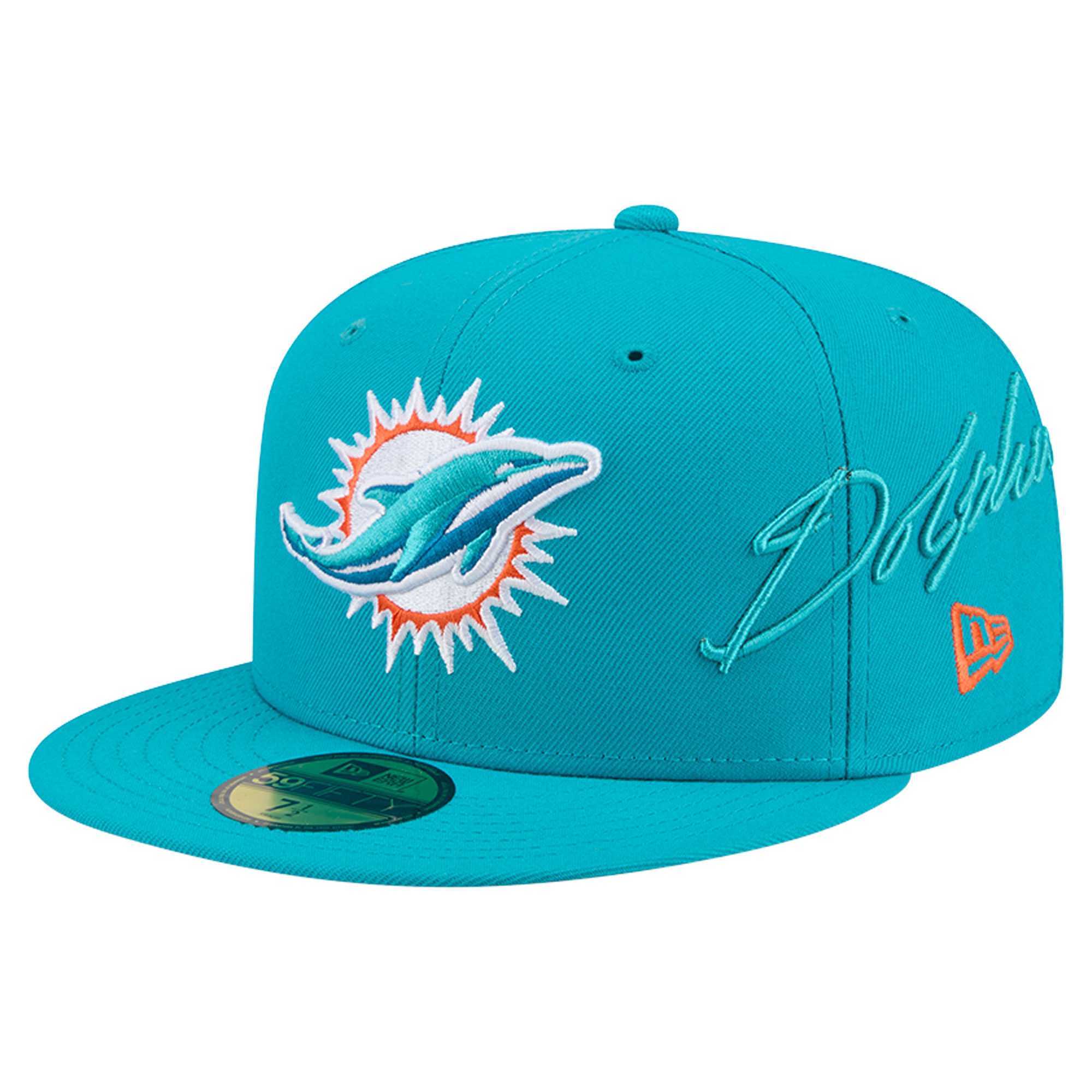 Men's New Era Aqua Miami Dolphins Side Script 59FIFTY Fitted Hat