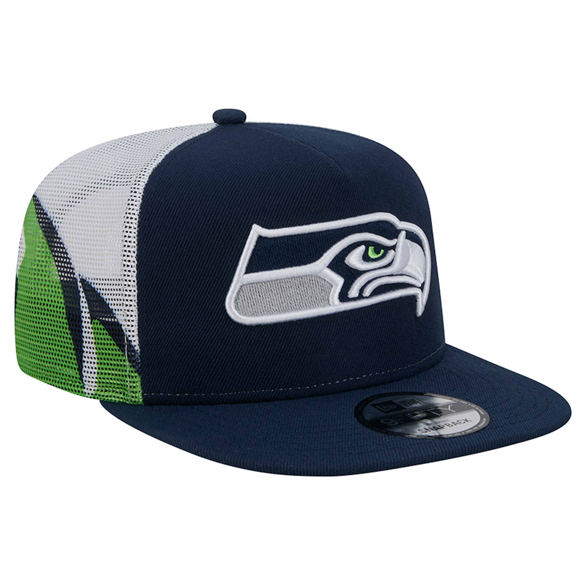 Men's New Era College Navy/Neon Green Seattle Seahawks Mesh A-Frame 9FIFTY Snapback Trucker Hat