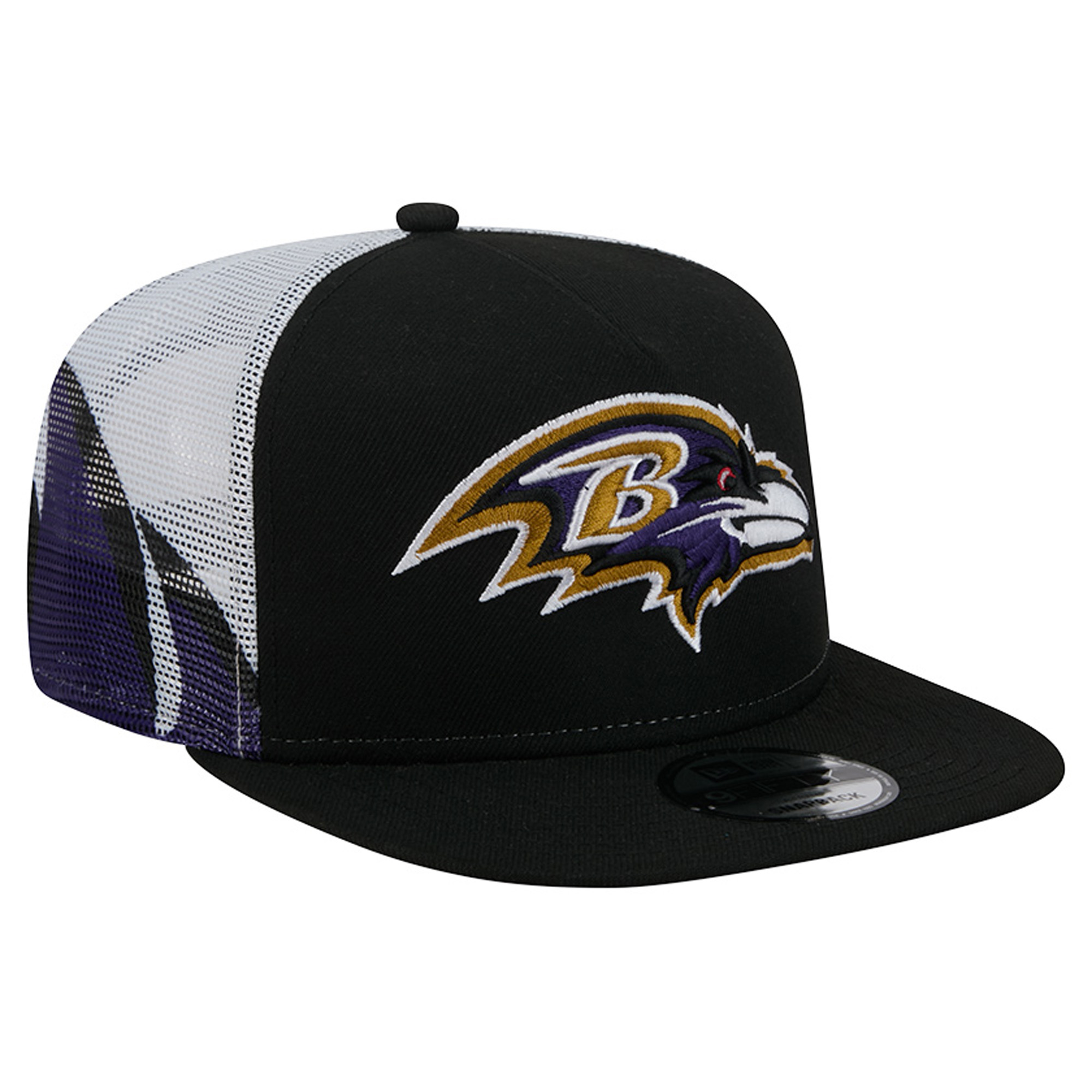 Men's New Era Black/Purple Baltimore Ravens Mesh A-Frame 9FIFTY Snapback Trucker Hat