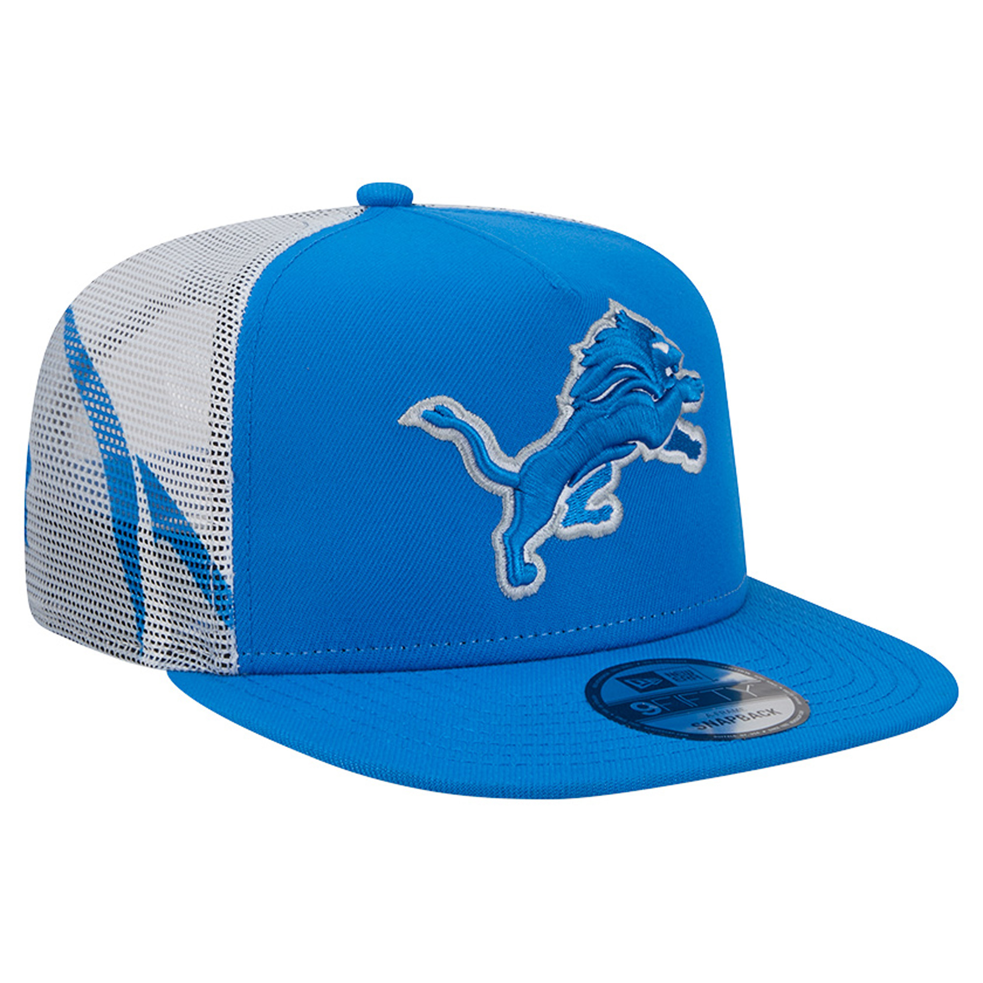 Men's New Era Blue/Silver Detroit Lions Mesh A-Frame 9FIFTY Snapback Trucker Hat