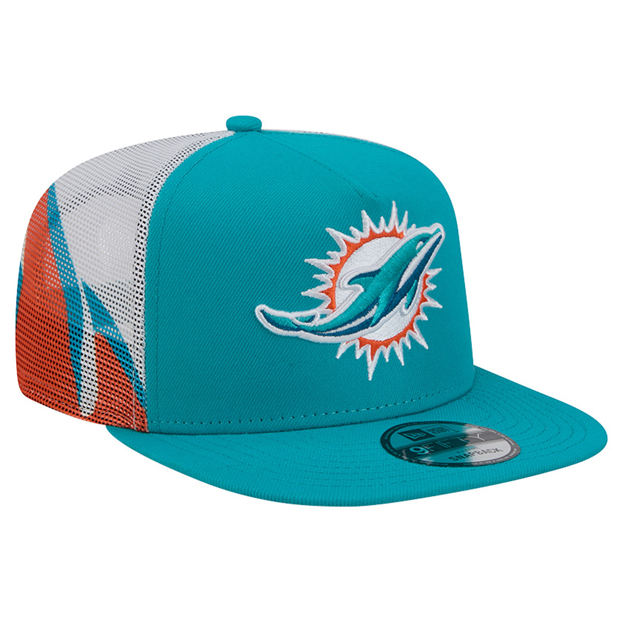 Men's New Era Aqua/Orange Miami Dolphins Mesh A-Frame 9FIFTY Snapback Trucker Hat
