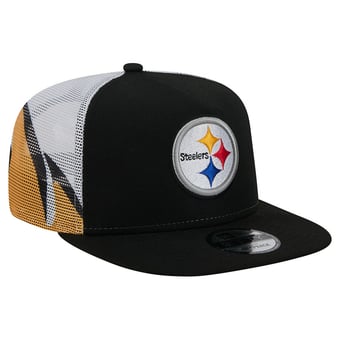 Men's New Era Black/Gold Pittsburgh Steelers Mesh A-Frame 9FIFTY Snapback Trucker Hat
