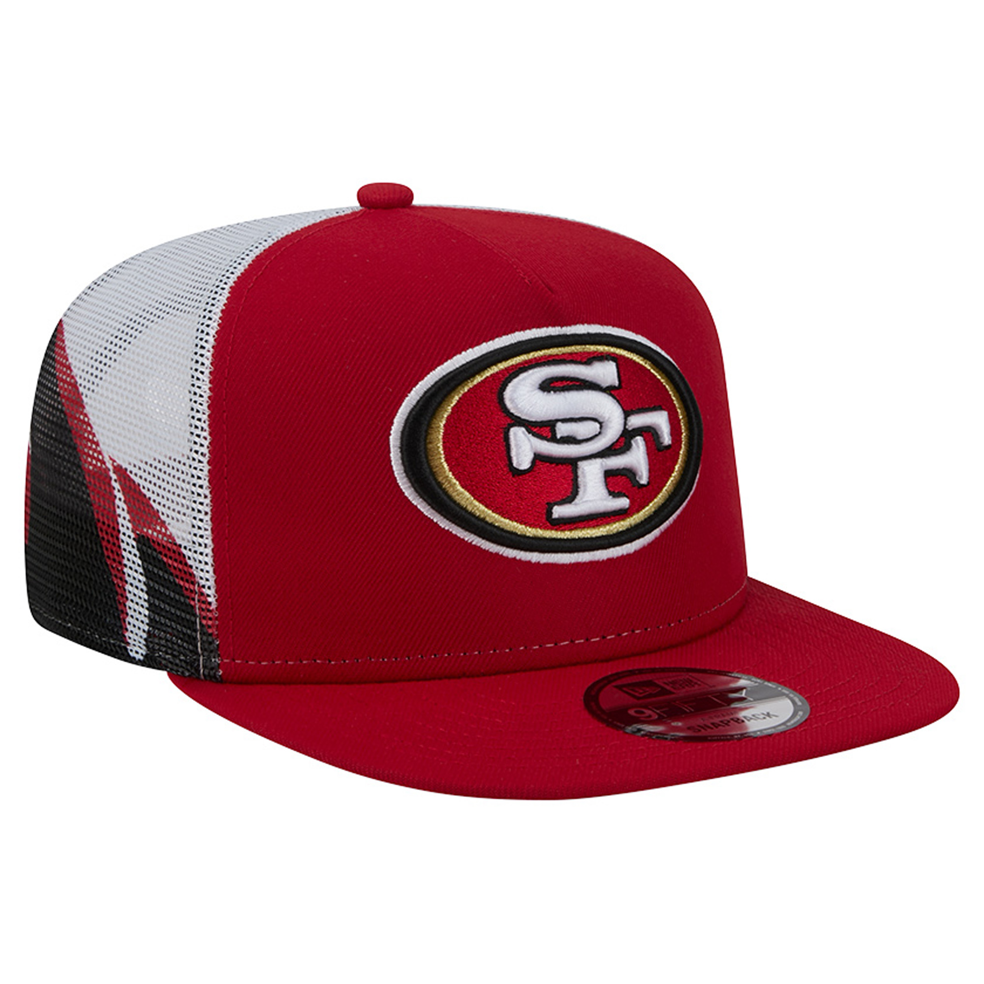 Men's New Era Scarlet/Black San Francisco 49ers Mesh A-Frame 9FIFTY Snapback Trucker Hat