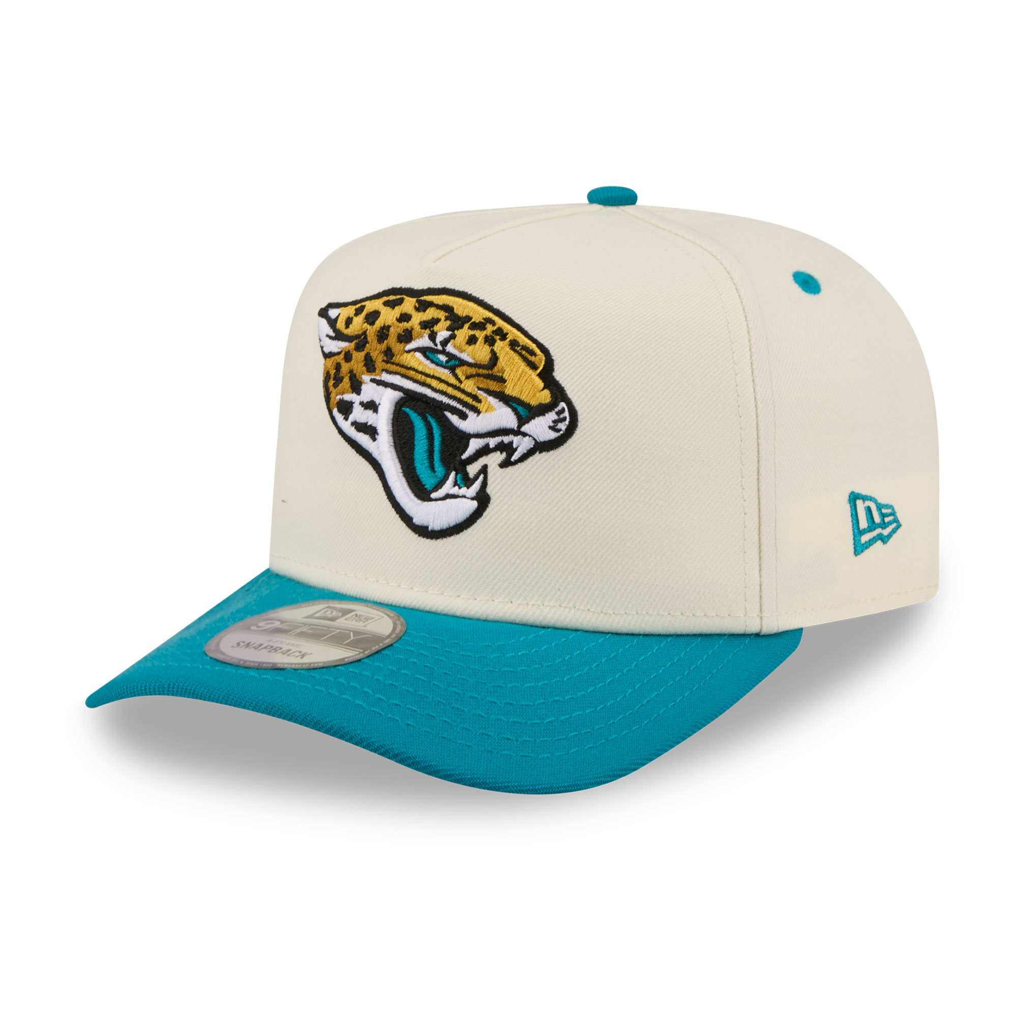 Men's New Era Cream/Teal Jacksonville Jaguars Rear Wordmark A-Frame 9FIFTY Snapback Hat