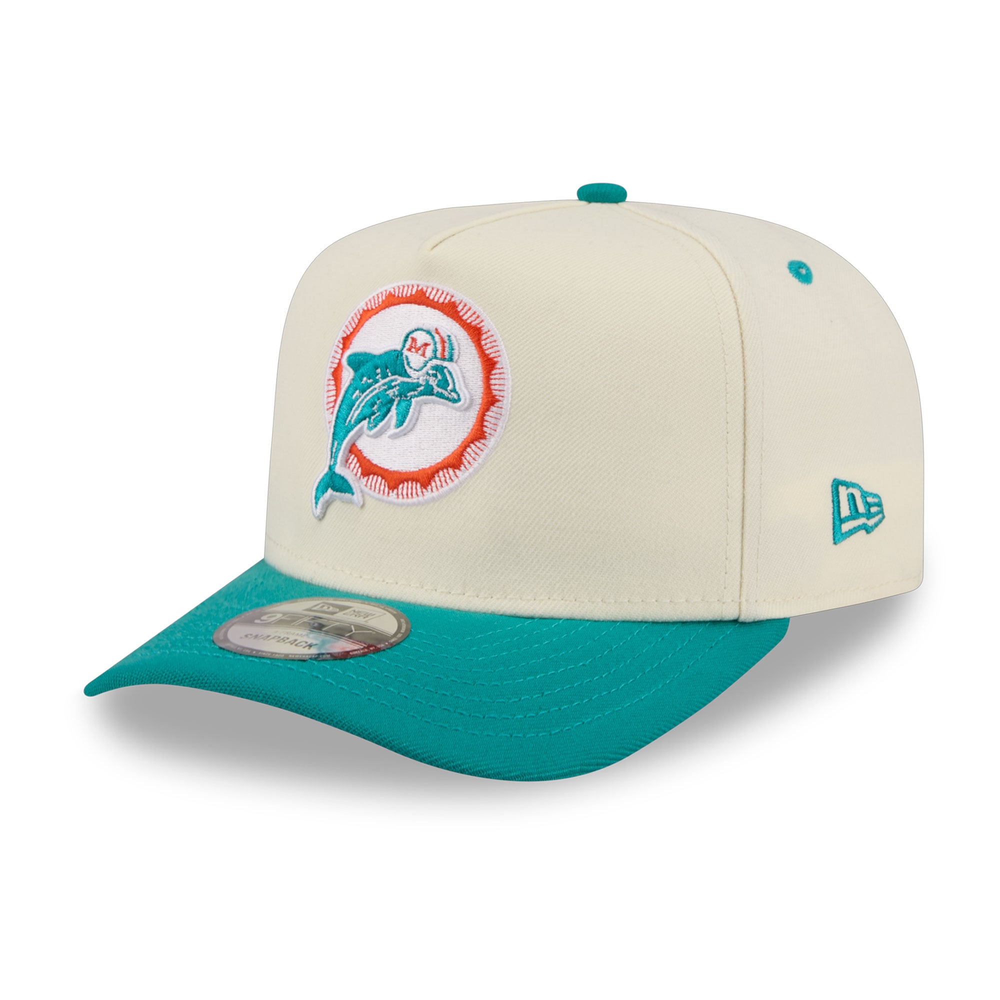 Men's New Era Cream/Aqua Miami Dolphins Rear Wordmark A-Frame 9FIFTY Snapback Hat