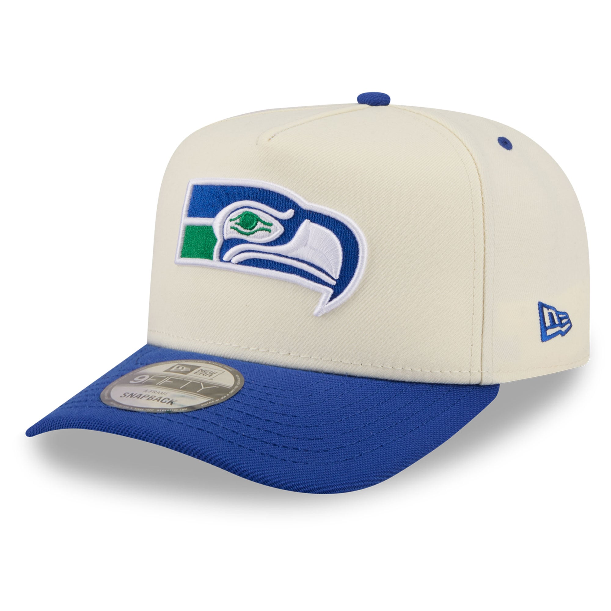 Men's New Era Cream/Royal Seattle Seahawks Rear Wordmark A-Frame 9FIFTY Snapback Hat