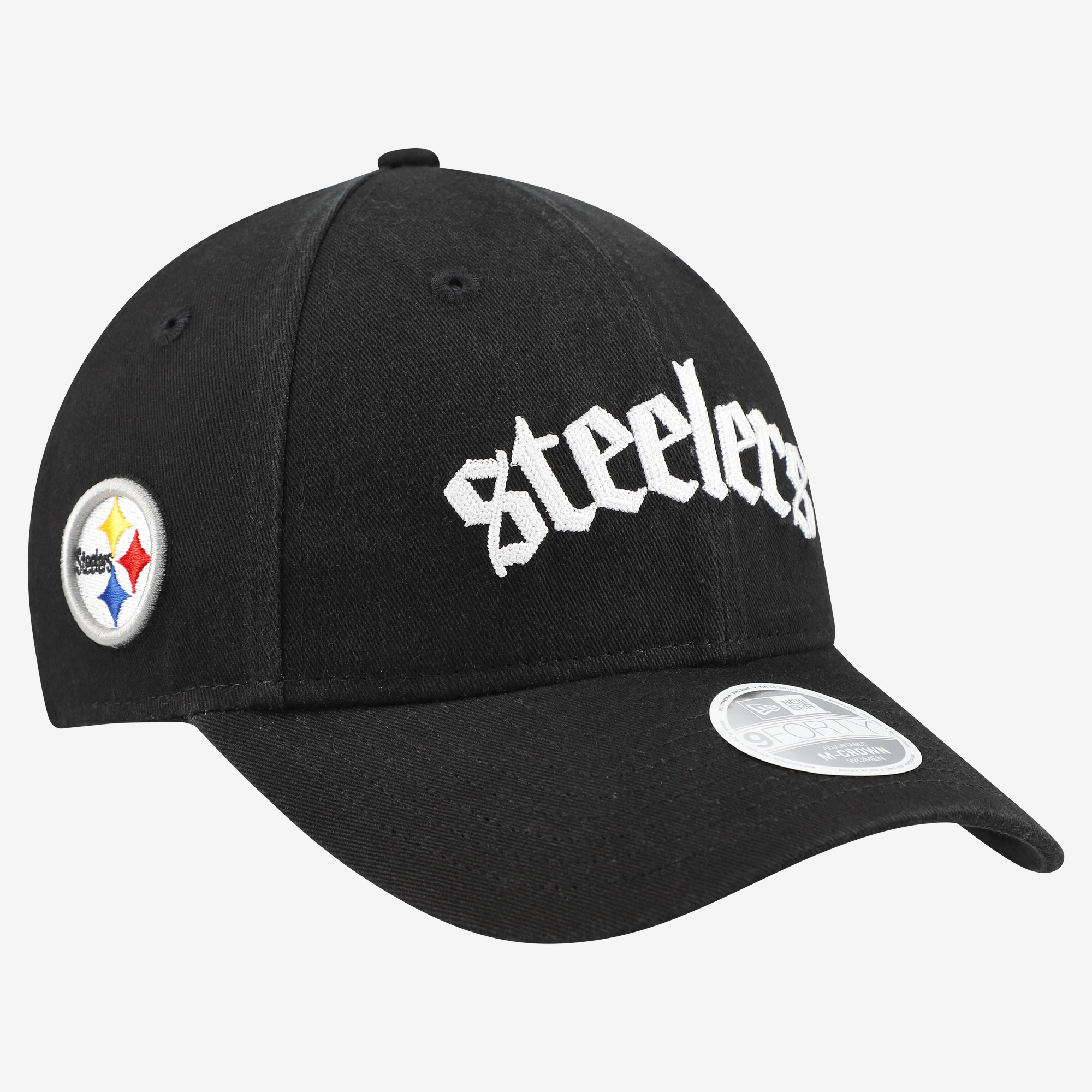 Women's New Era Black Pittsburgh Steelers Gothic Font 9FORTY M-Crown Adjustable Hat