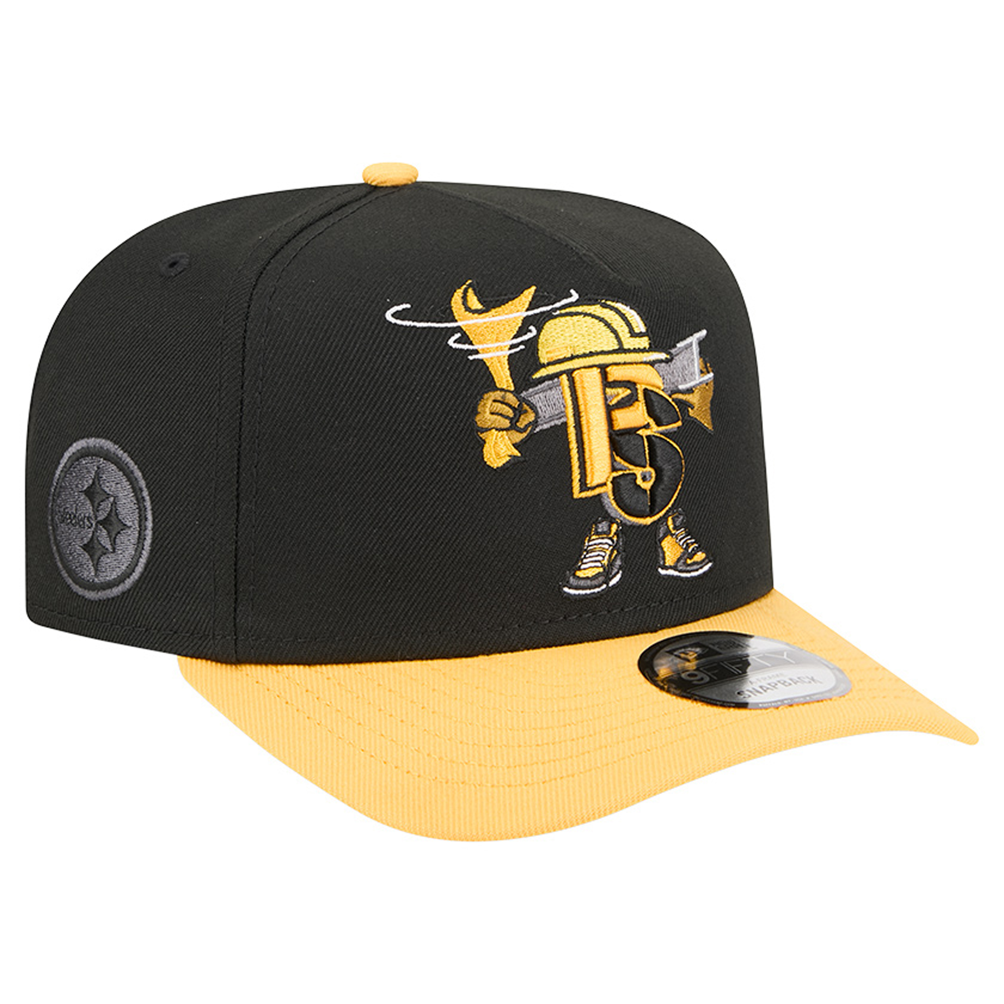 Men's New Era Black/Gold Pittsburgh Steelers Cartoon A-Frame 9FIFTY Snapback Hat