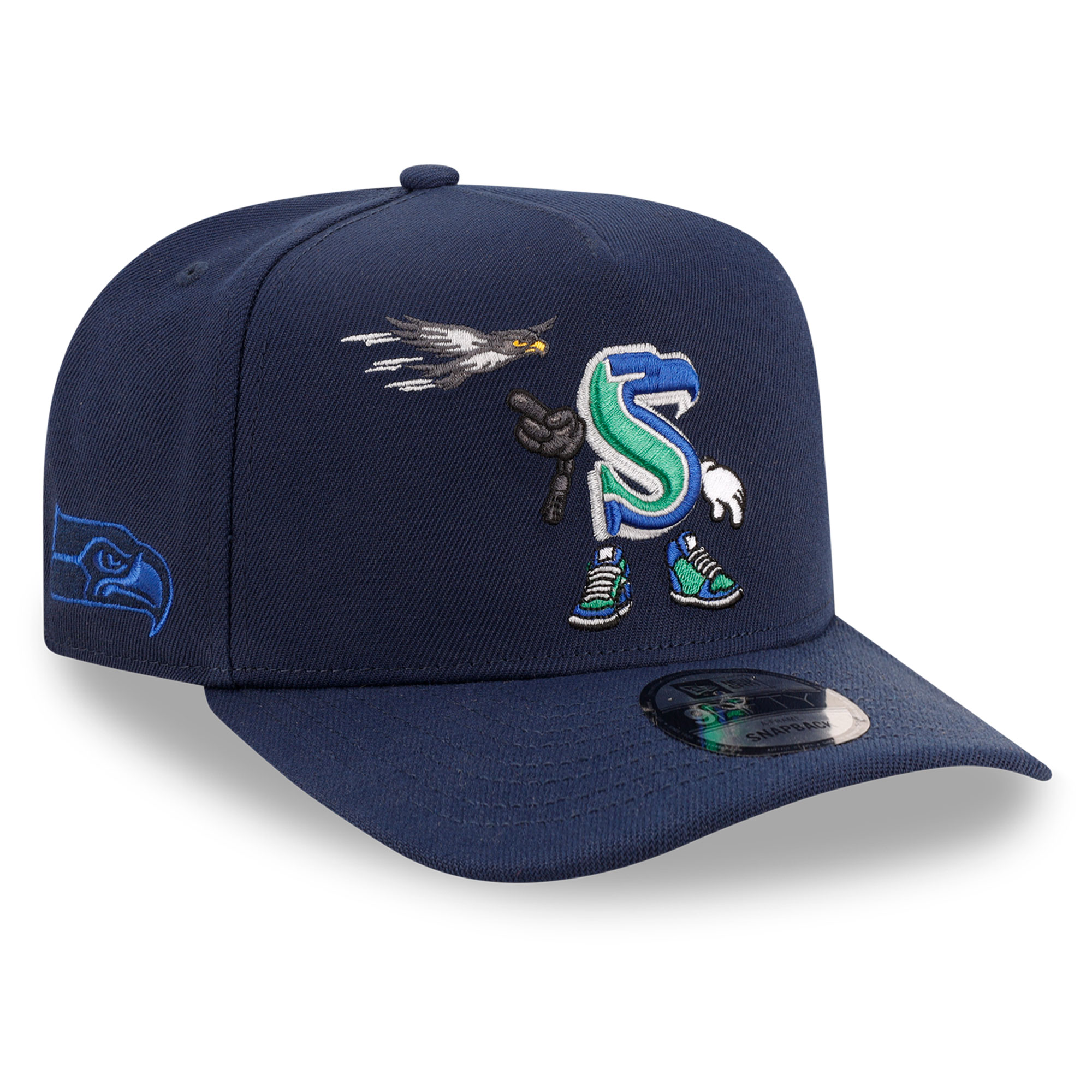 Men's New Era College Navy Seattle Seahawks Cartoon A-Frame 9FIFTY Snapback