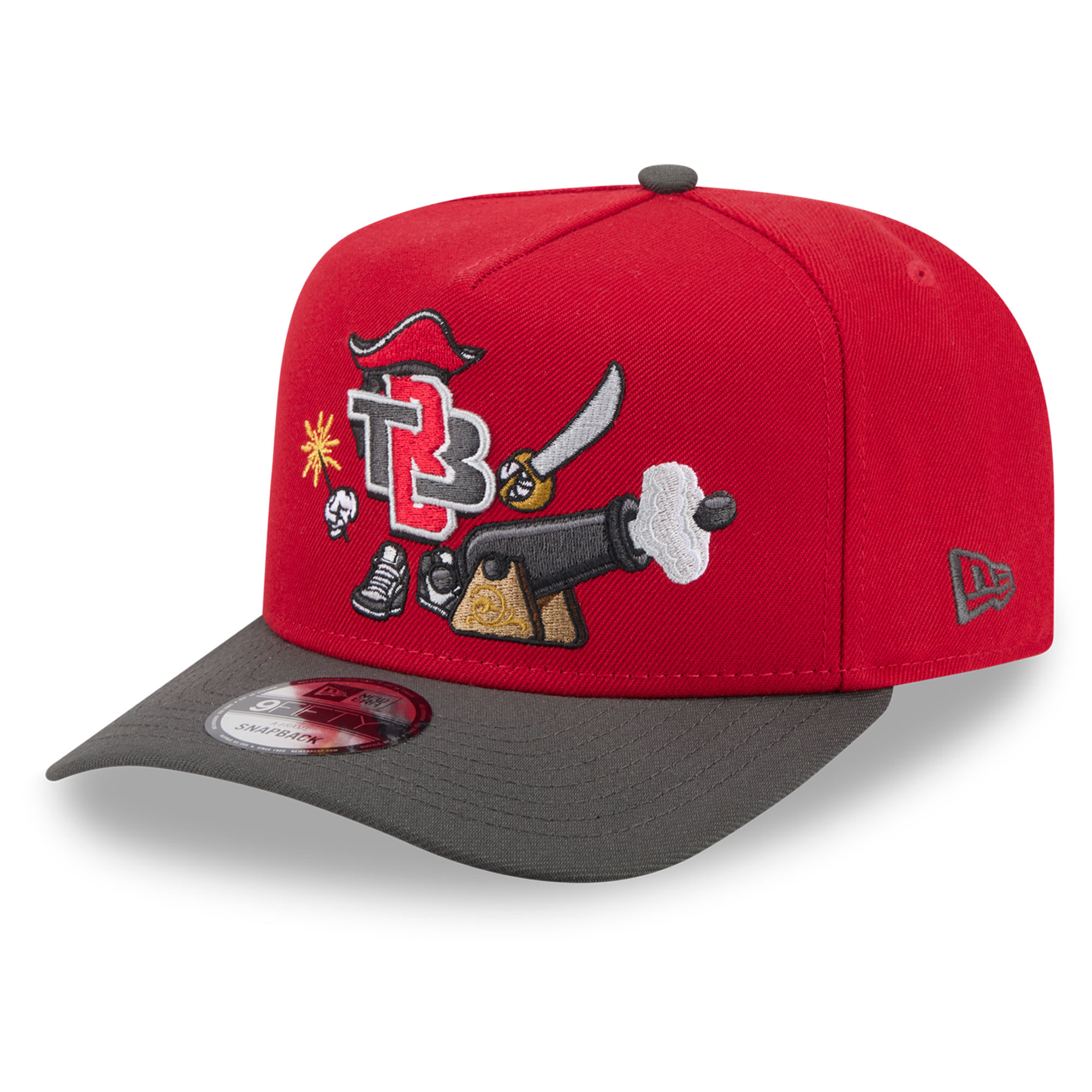 Men's New Era Red/Pewter Tampa Bay Buccaneers Cartoon A-Frame 9FIFTY Snapback Hat