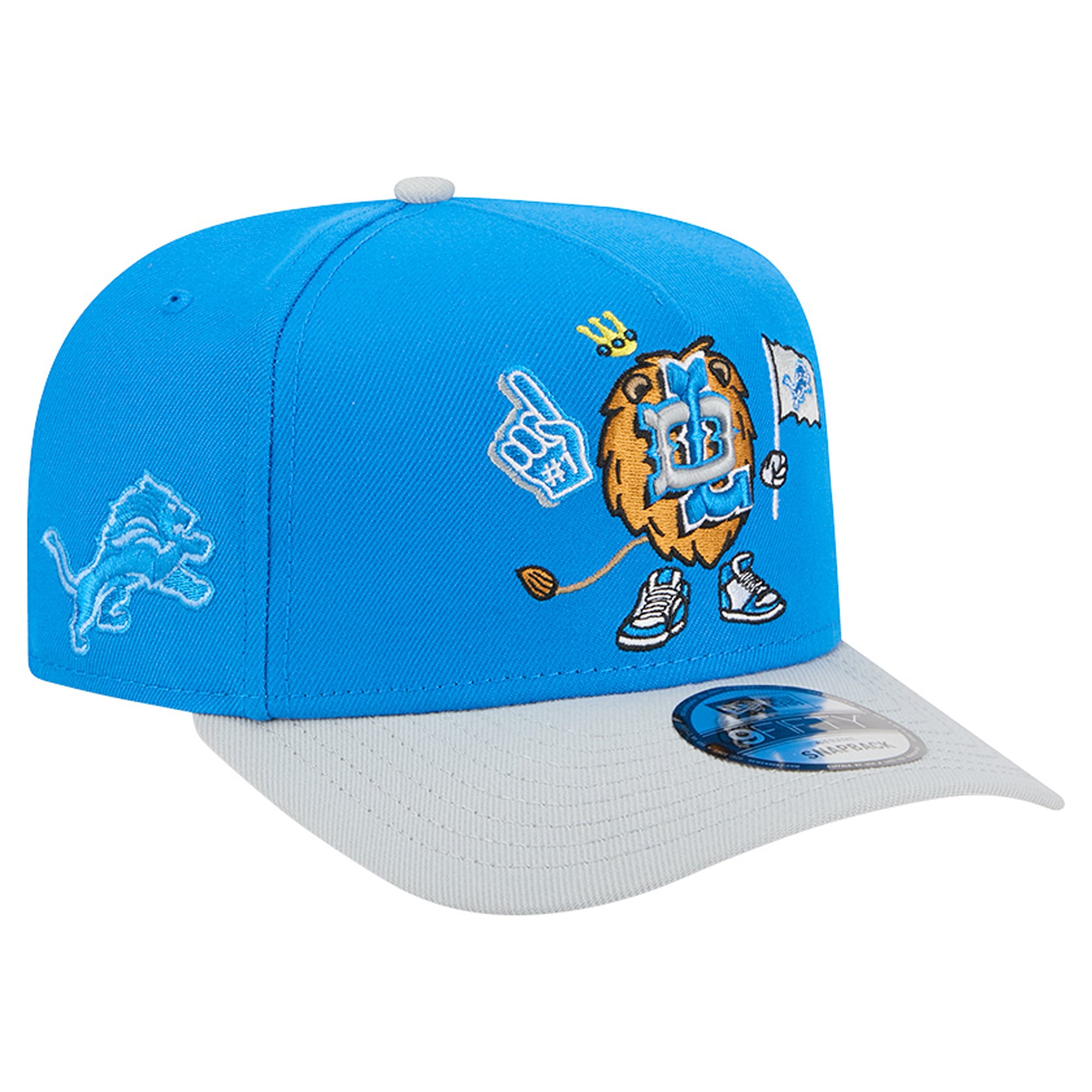 Men's New Era Blue/Silver Detroit Lions Cartoon A-Frame 9FIFTY Snapback