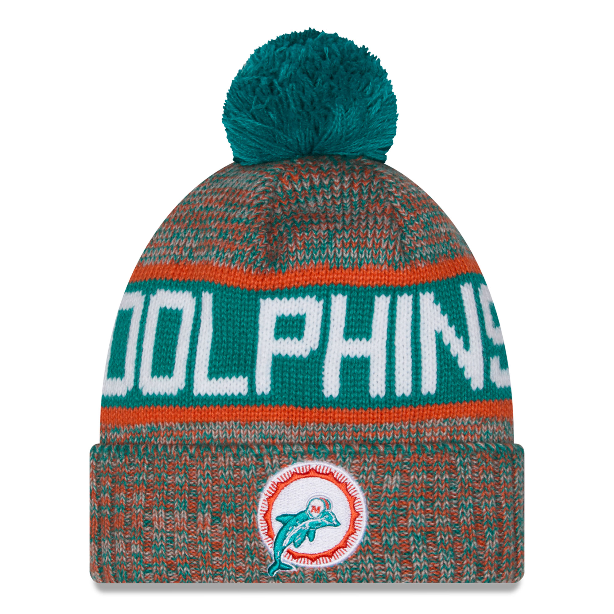 Men's New Era Aqua Miami Dolphins Throwback Marled Cuffed Knit Hat with Pom