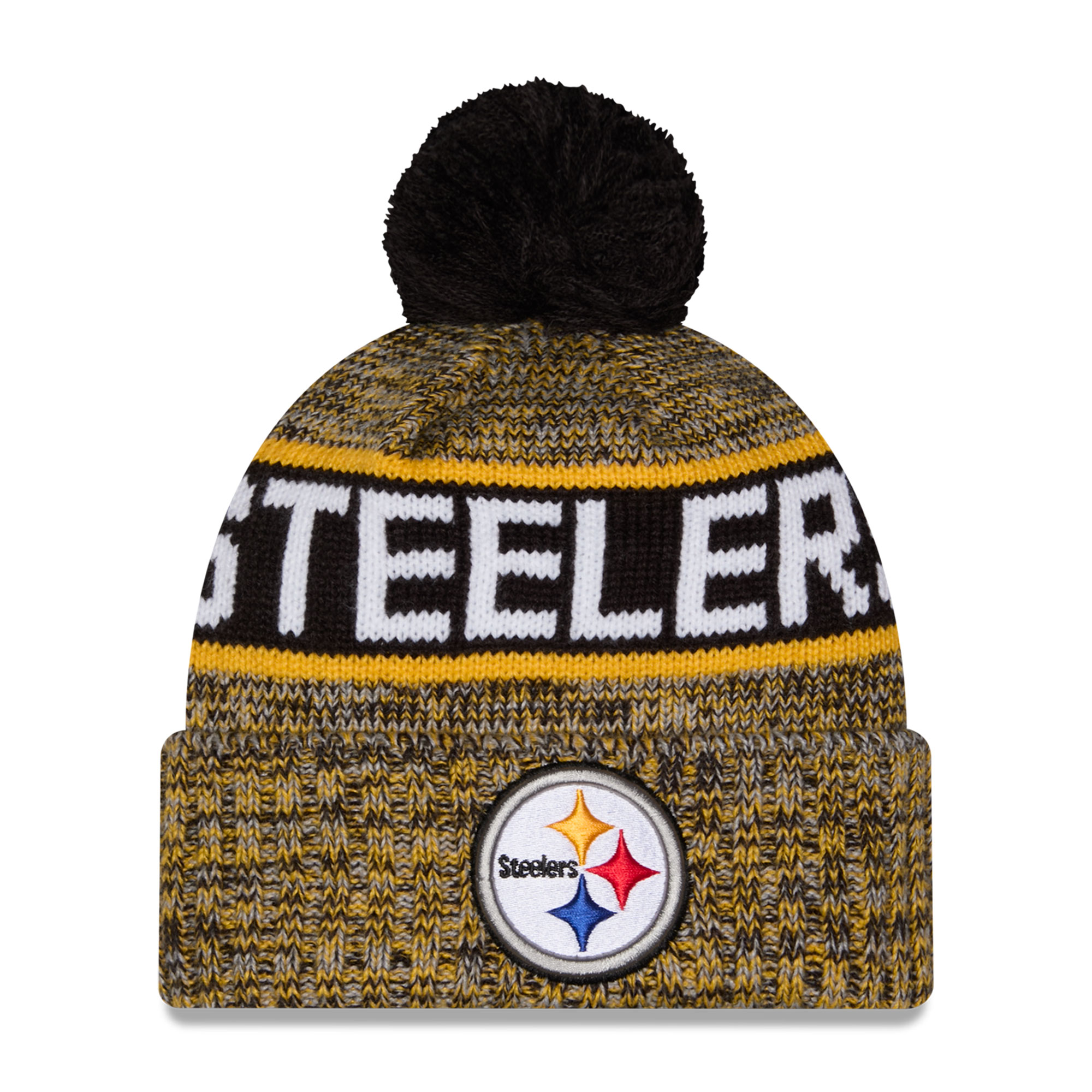 Men's New Era Black Pittsburgh Steelers Marled Cuffed Knit Hat with Pom