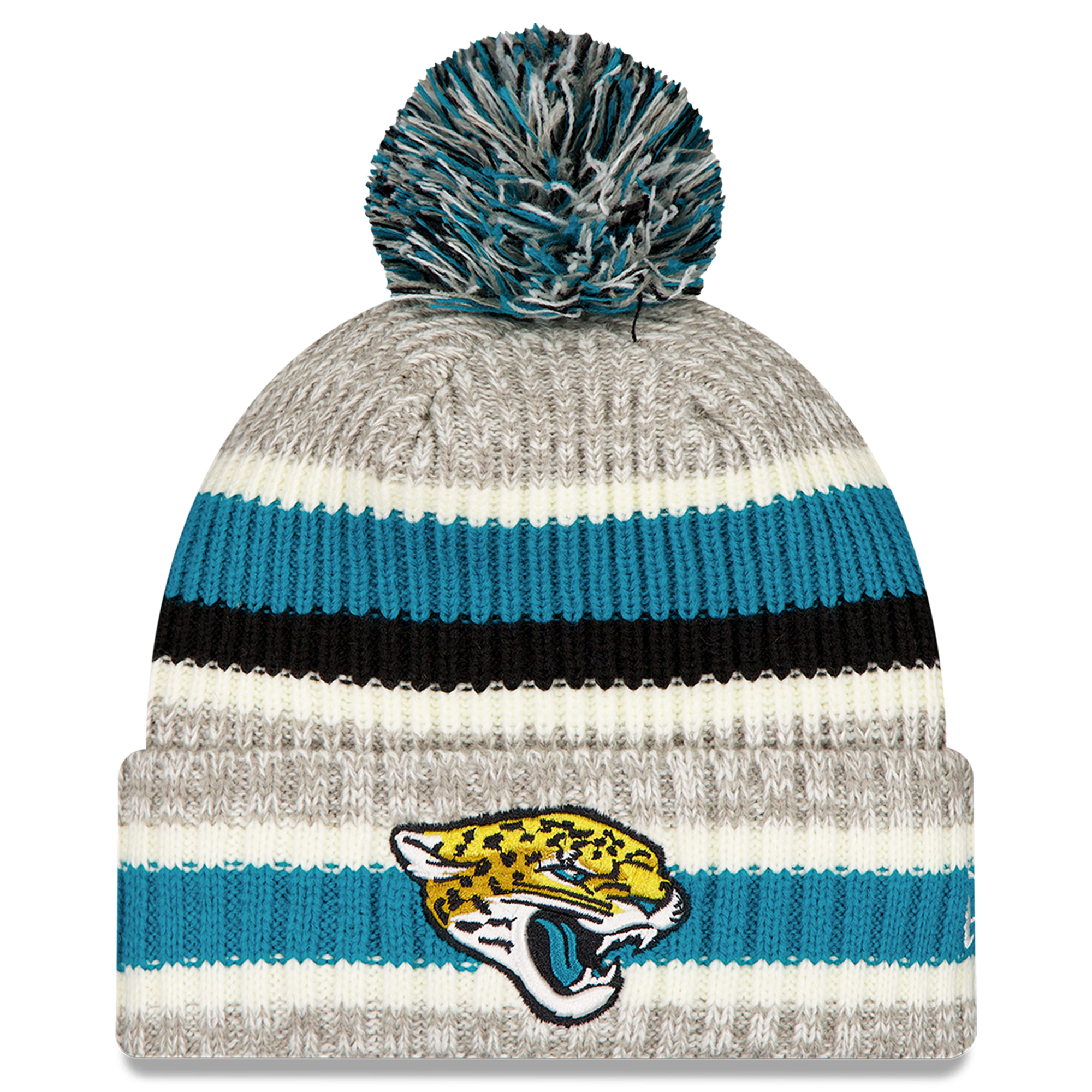 Men's New Era Teal/Gray Jacksonville Jaguars Stripe Cuff Knit Hat with Pom