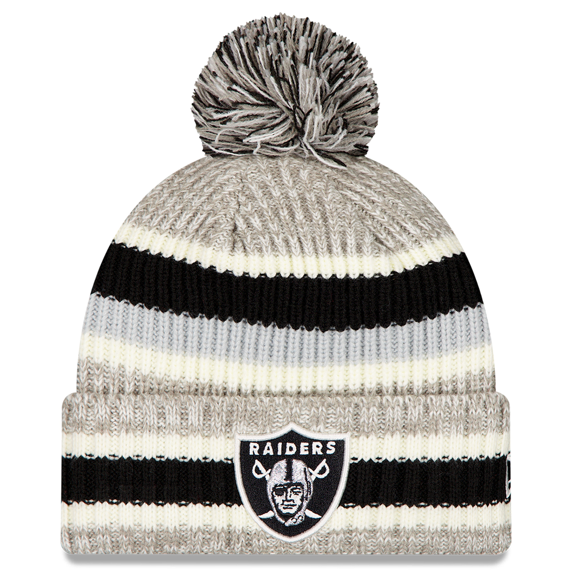 Men's New Era Black/Gray Las Vegas Raiders Stripe Cuff Knit Hat with Pom