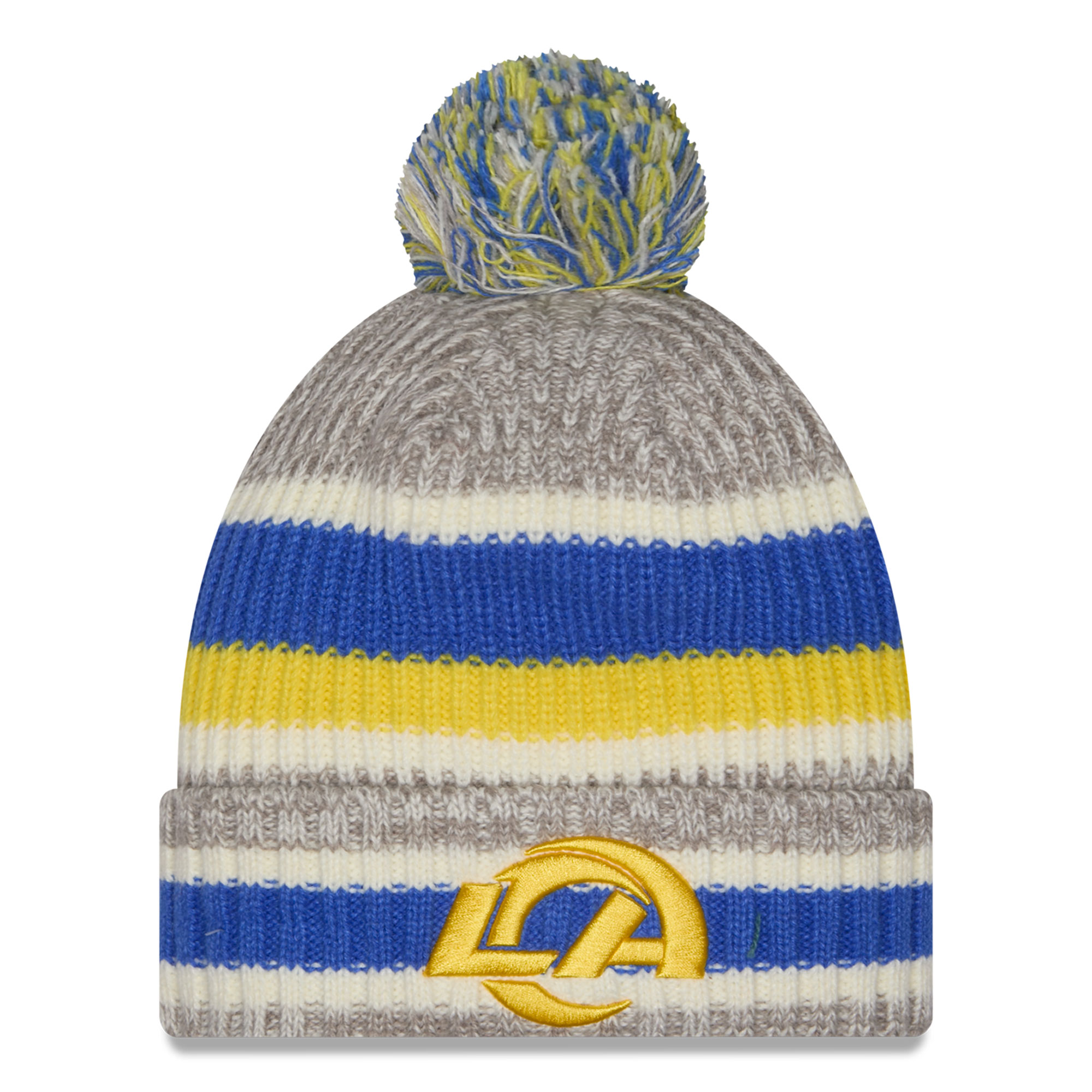 Men's New Era Royal/Gray Los Angeles Rams Stripe Cuff Knit Hat with Pom