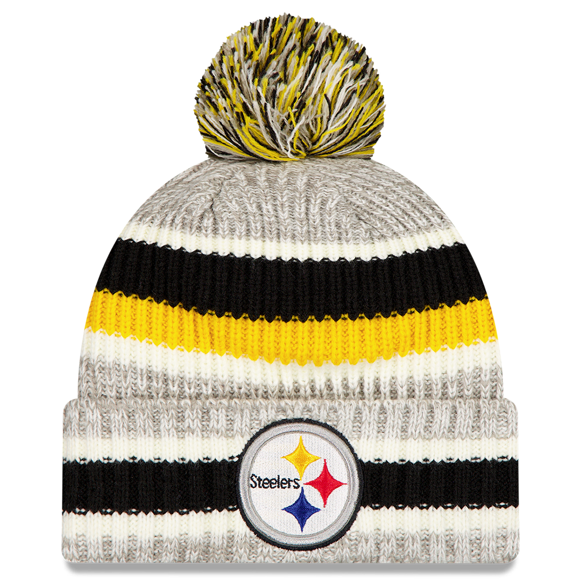 Men's New Era Black/Gray Pittsburgh Steelers Stripe Cuff Knit Hat with Pom