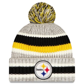 Men's New Era Black/Gray Pittsburgh Steelers Stripe Cuff Knit Hat with Pom
