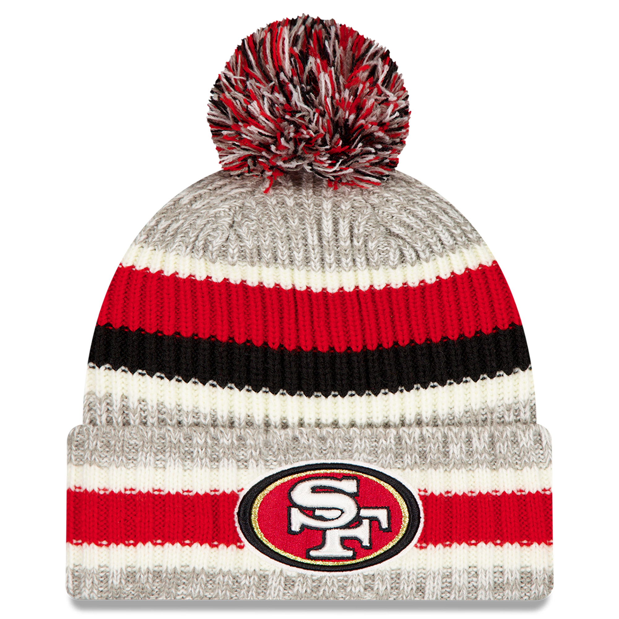 Men's New Era Scarlet/Gray San Francisco 49ers Stripe Cuff Knit Hat with Pom