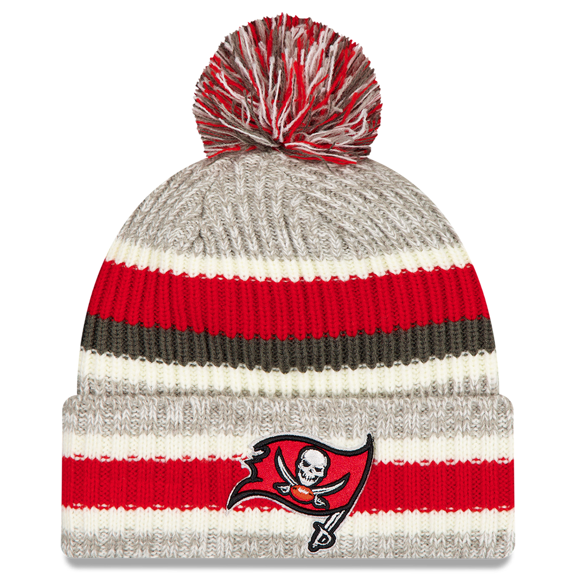 Men's New Era Red/Gray Tampa Bay Buccaneers Stripe Cuff Knit Hat with Pom