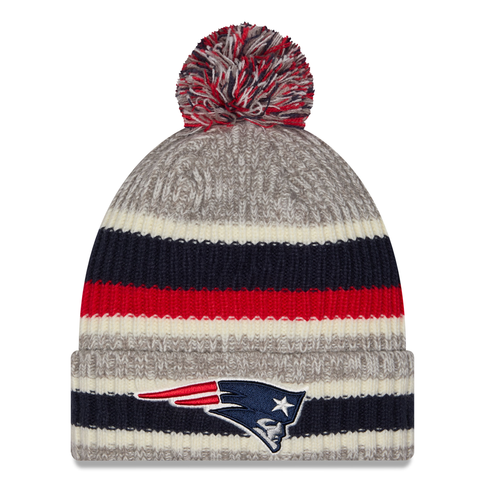 Men's New Era Navy/Gray New England Patriots Stripe Cuff Knit Hat with Pom