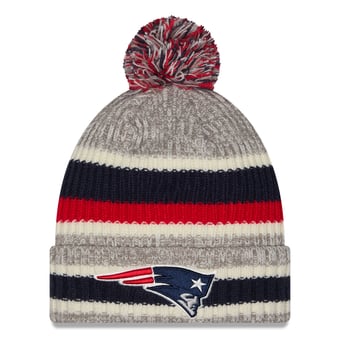 Men's New Era Navy/Gray New England Patriots Stripe Cuff Knit Hat with Pom