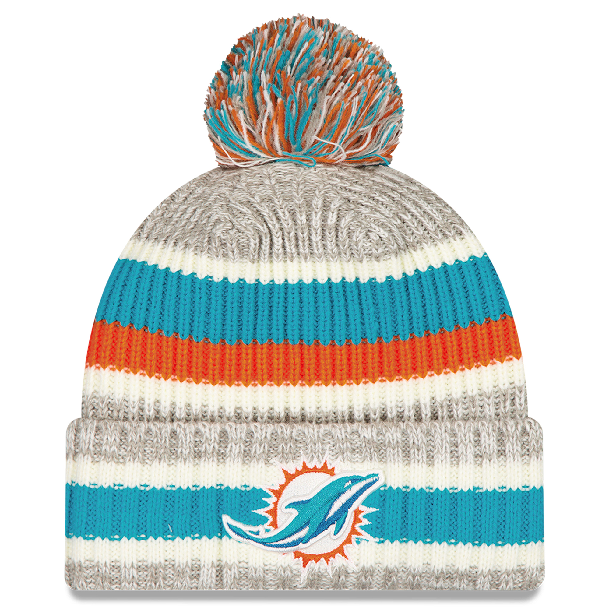 Men's New Era Aqua/Gray Miami Dolphins Stripe Cuff Knit Hat with Pom