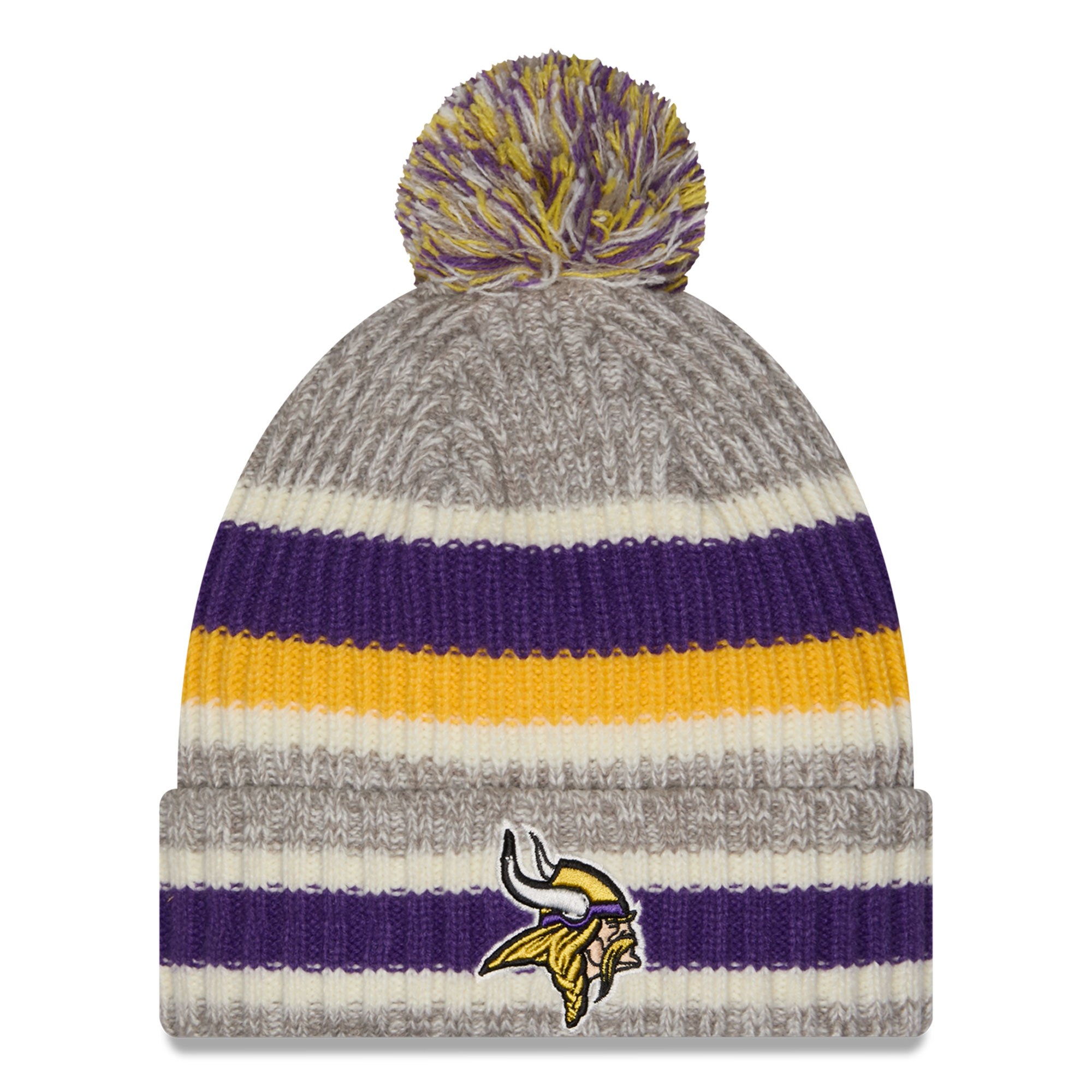 Men's New Era Purple/Gray Minnesota Vikings Stripe Cuff Knit Hat with Pom