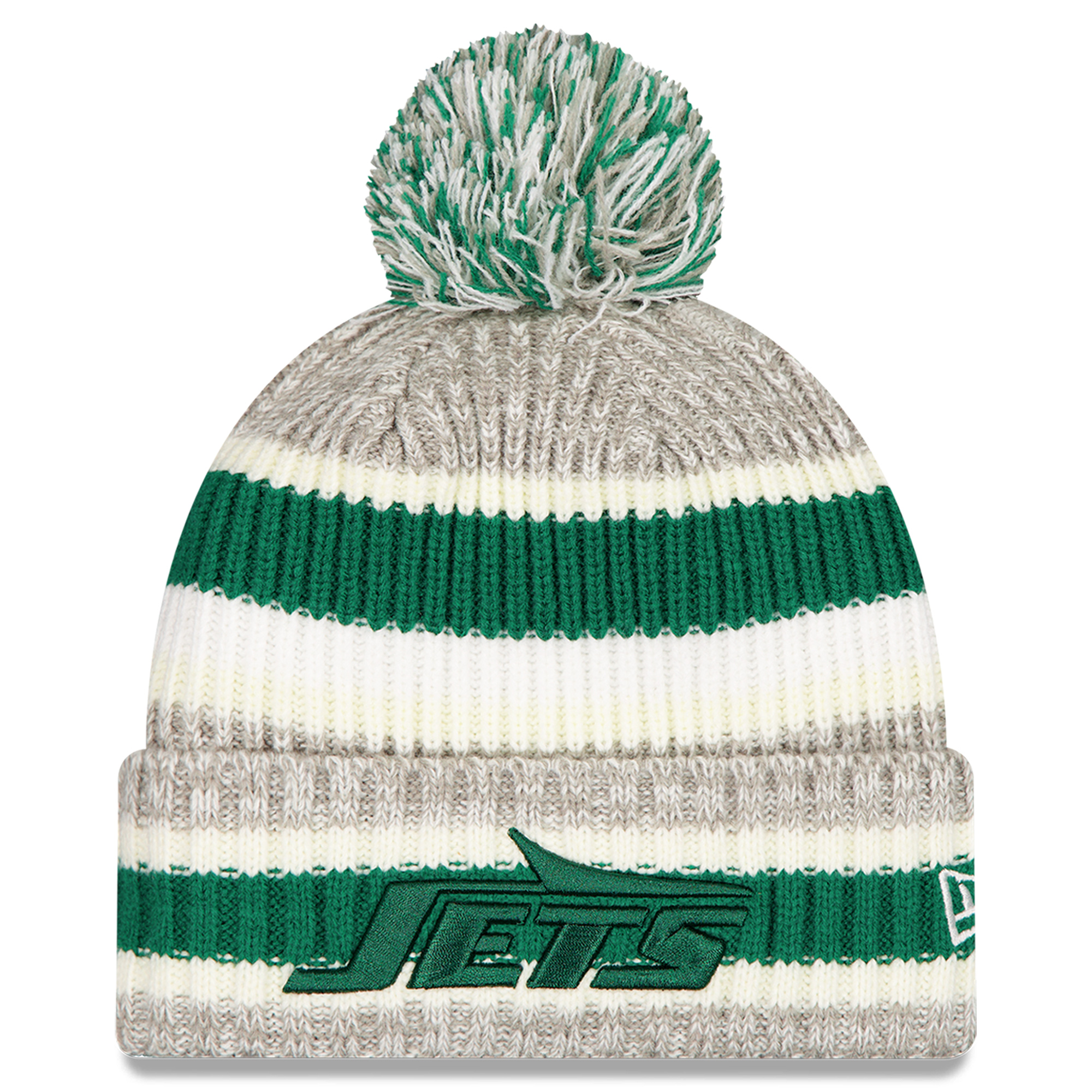 Men's New Era Green/Gray New York Jets Stripe Cuff Knit Hat with Pom