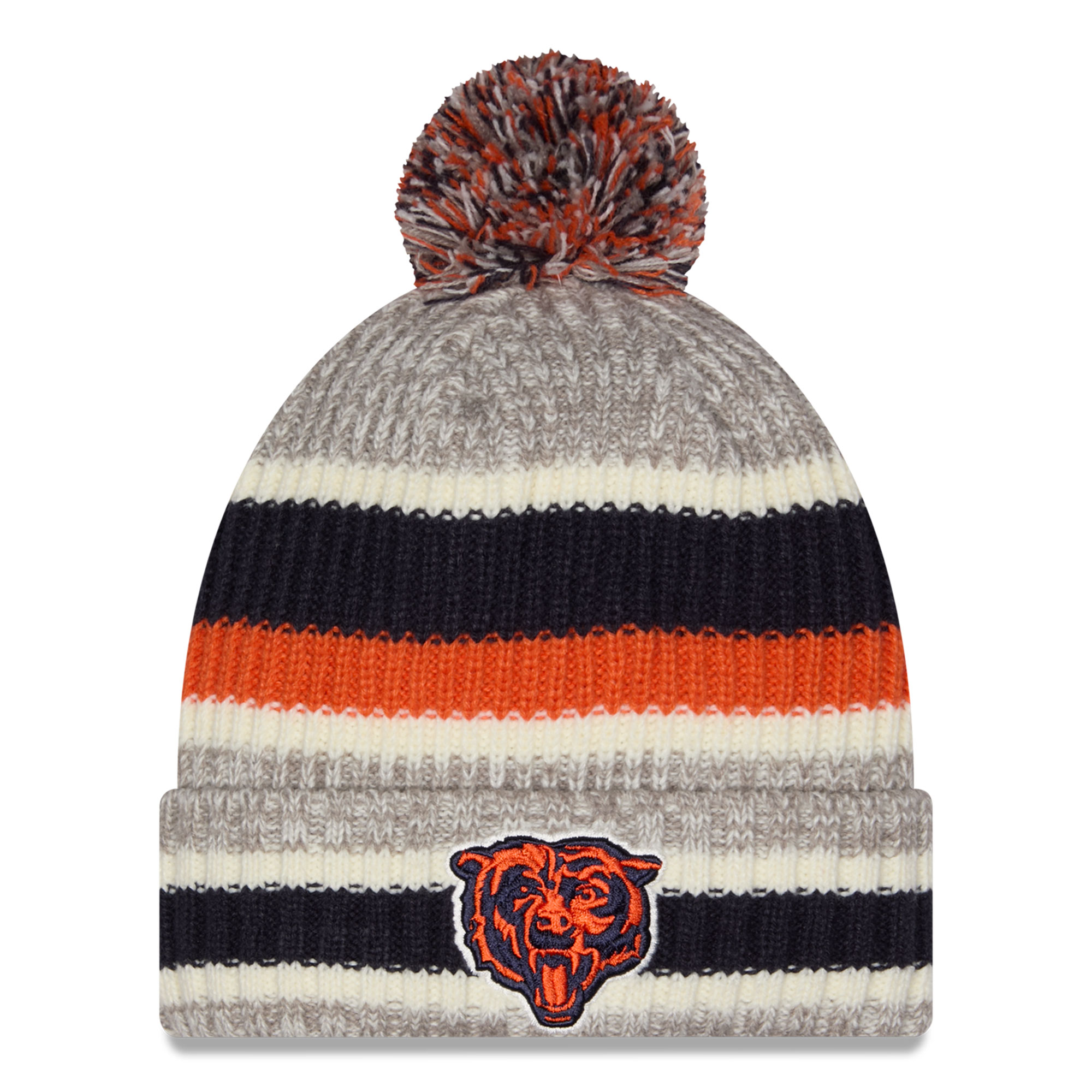 Men's New Era Navy/Gray Chicago Bears Stripe Cuff Knit Hat with Pom