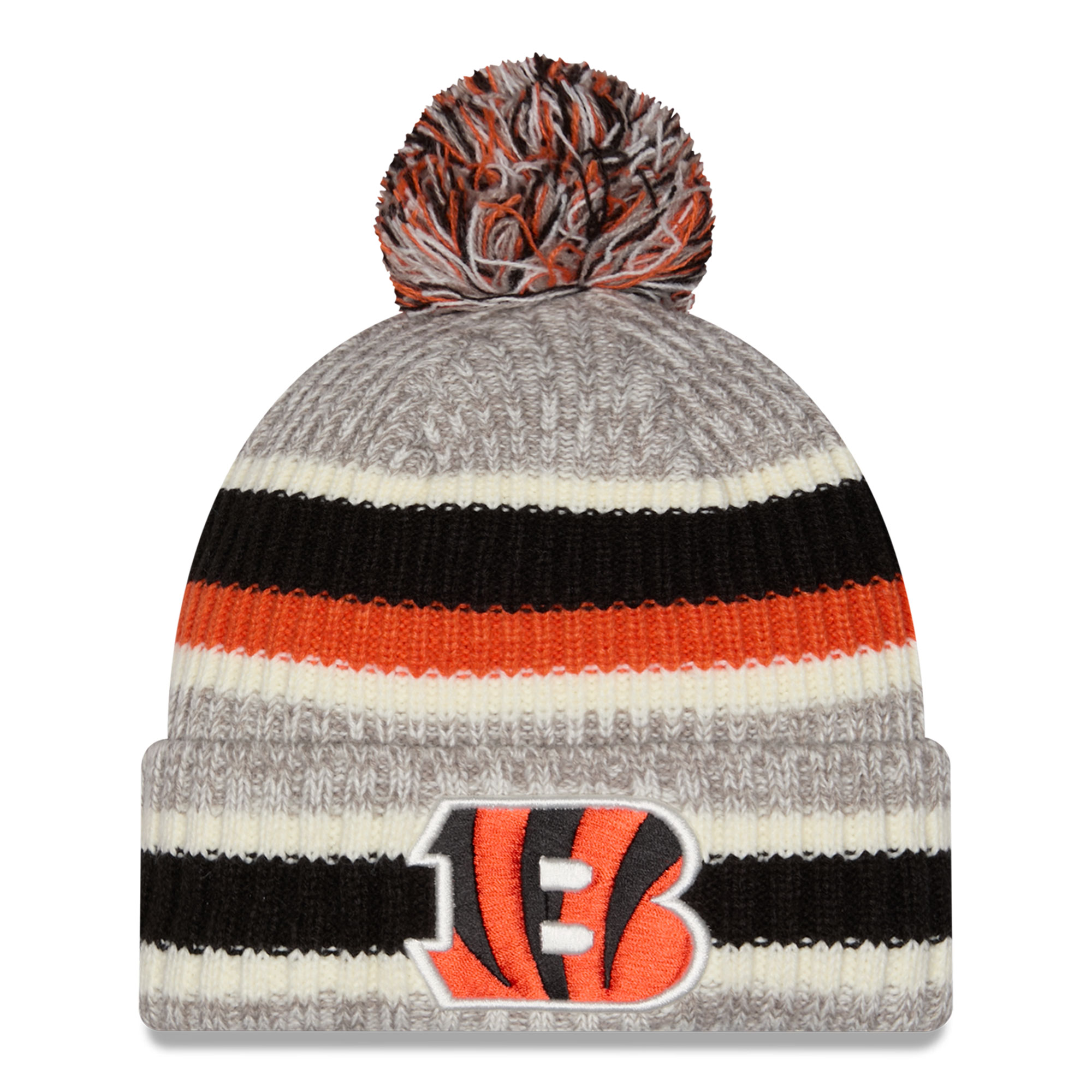 Men's New Era Black/Gray Cincinnati Bengals Stripe Cuff Knit Hat with Pom