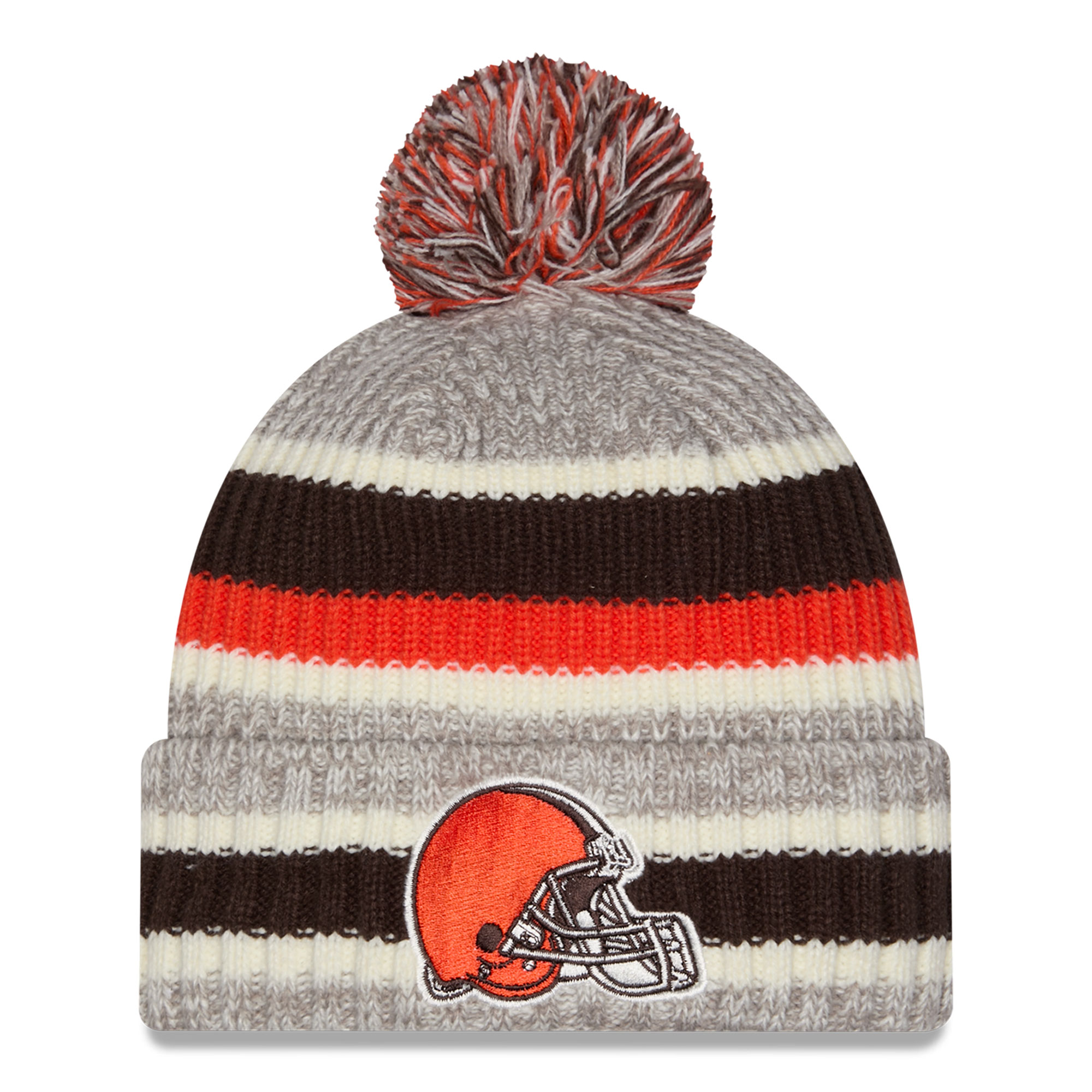 Men's New Era Brown/Gray Cleveland Browns Stripe Cuff Knit Hat with Pom