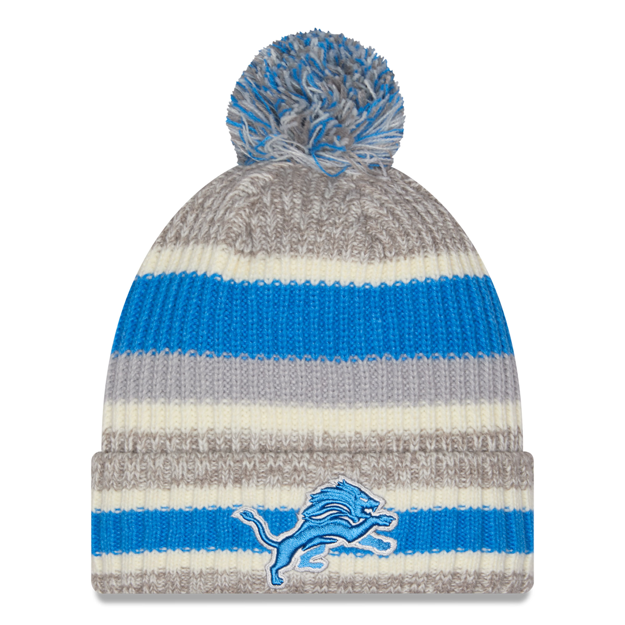 Men's New Era Blue/Gray Detroit Lions Stripe Cuff Knit Hat with Pom