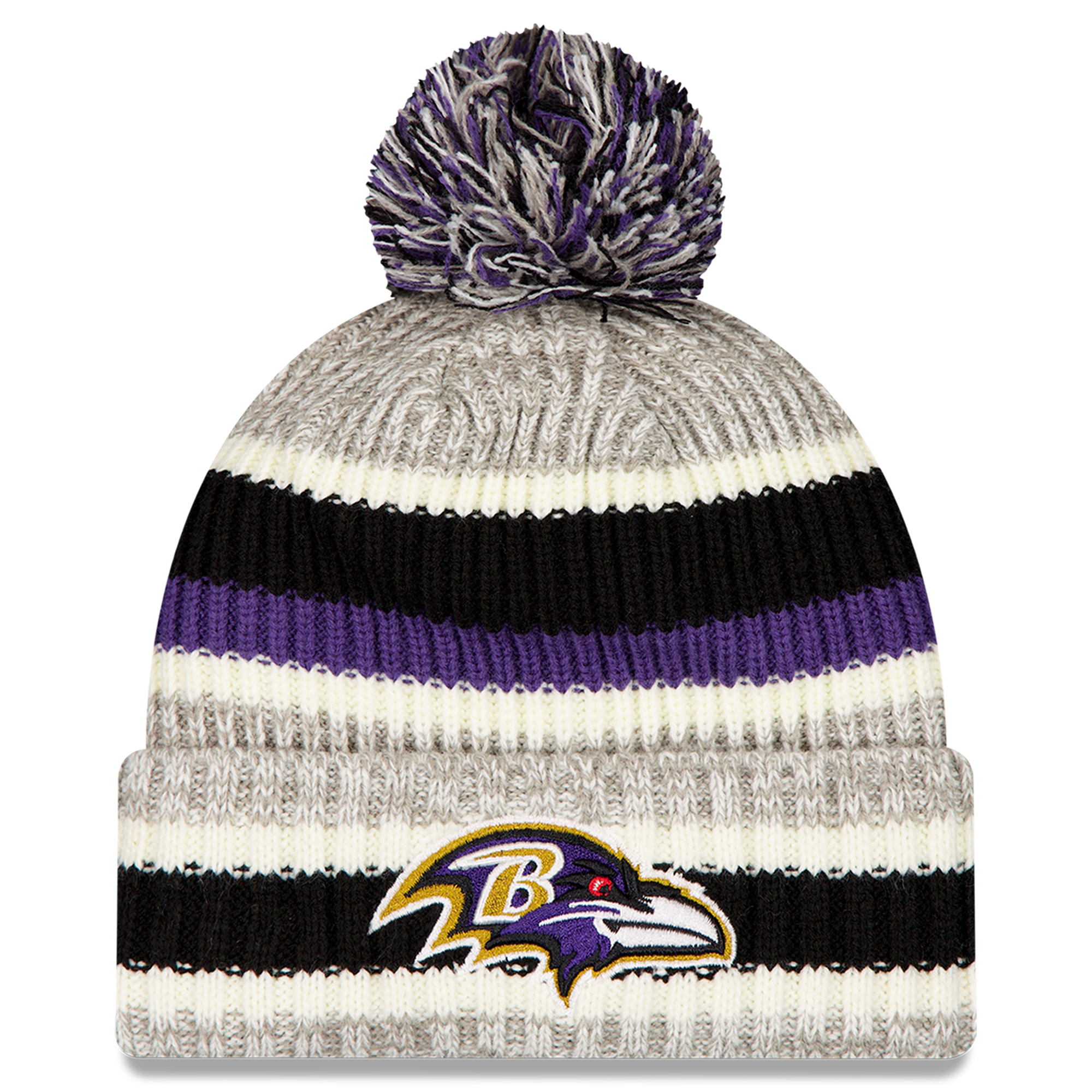 Men's New Era Black/Gray Baltimore Ravens Stripe Cuff Knit Hat with Pom