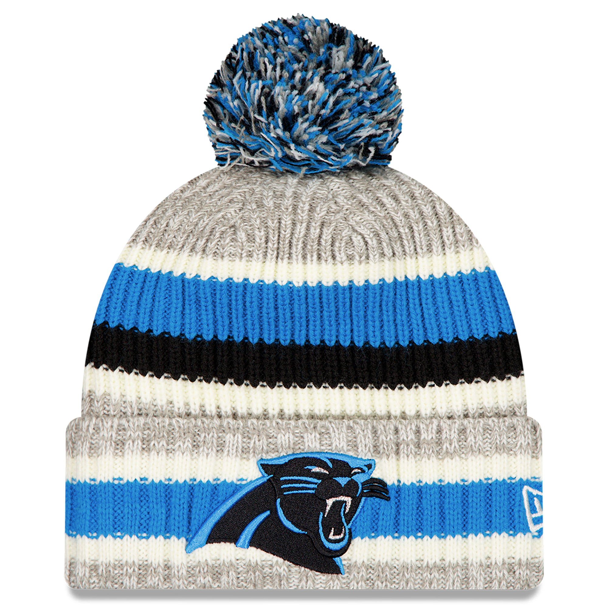 Men's New Era Blue/Gray Carolina Panthers Stripe Cuff Knit Hat with Pom