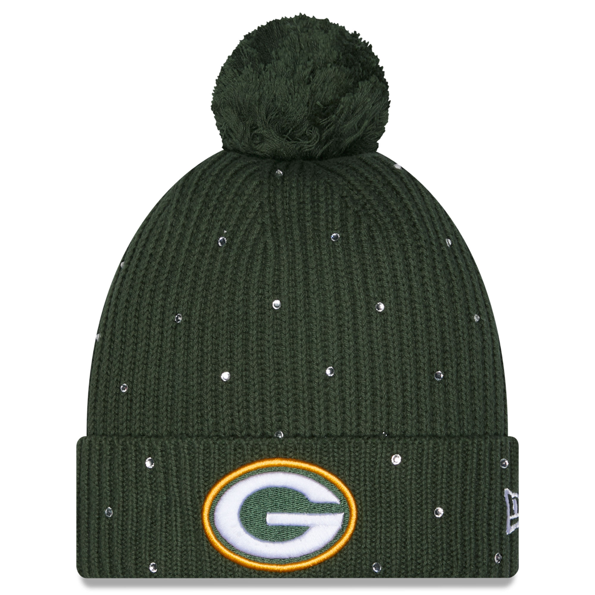 Women's New Era Green Green Bay Packers Rhinestone Cuffed Knit Hat with Pom