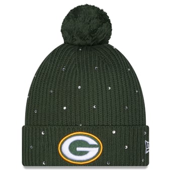 Women's New Era Green Green Bay Packers Rhinestone Cuffed Knit Hat with Pom