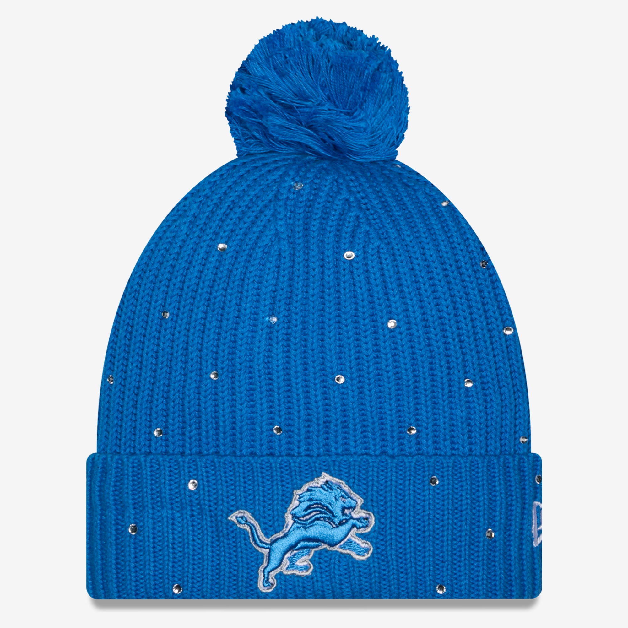 Women's New Era Blue Detroit Lions Rhinestone Cuffed Knit Hat with Pom