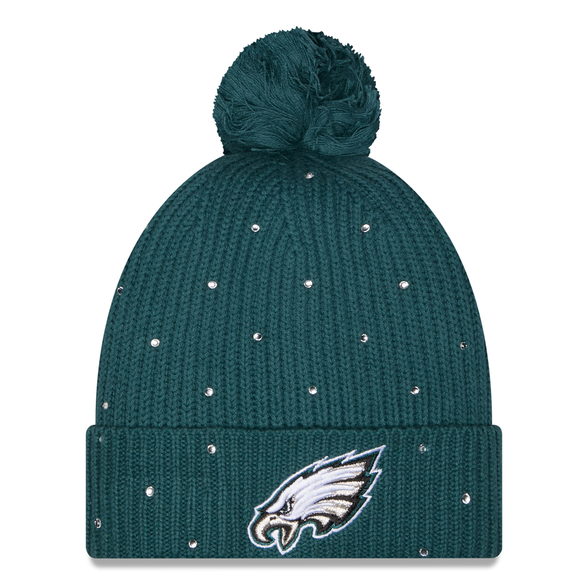 Women's New Era Midnight Green Philadelphia Eagles Rhinestone Cuffed Knit Hat with Pom