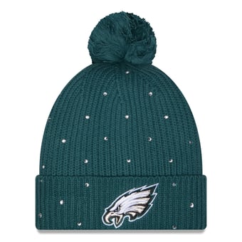 Women's New Era Midnight Green Philadelphia Eagles Rhinestone Cuffed Knit Hat with Pom
