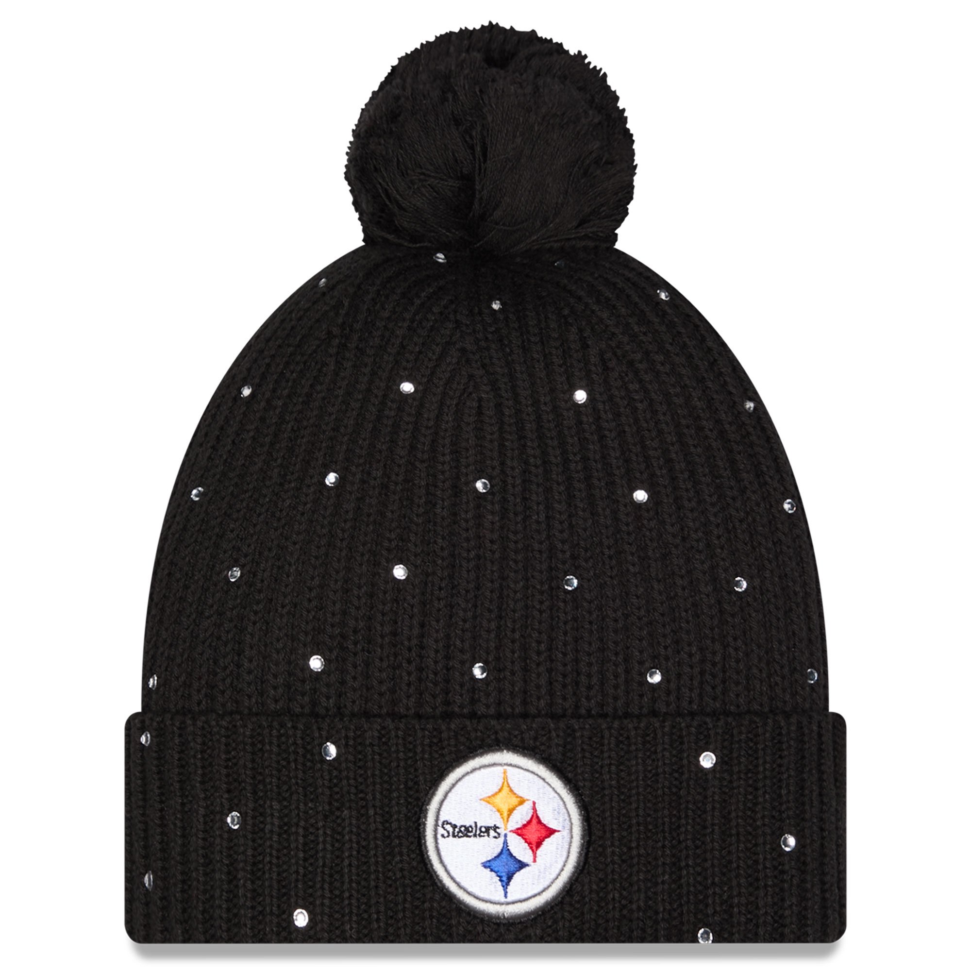 Women's New Era Black Pittsburgh Steelers Rhinestone Cuffed Knit Hat with Pom