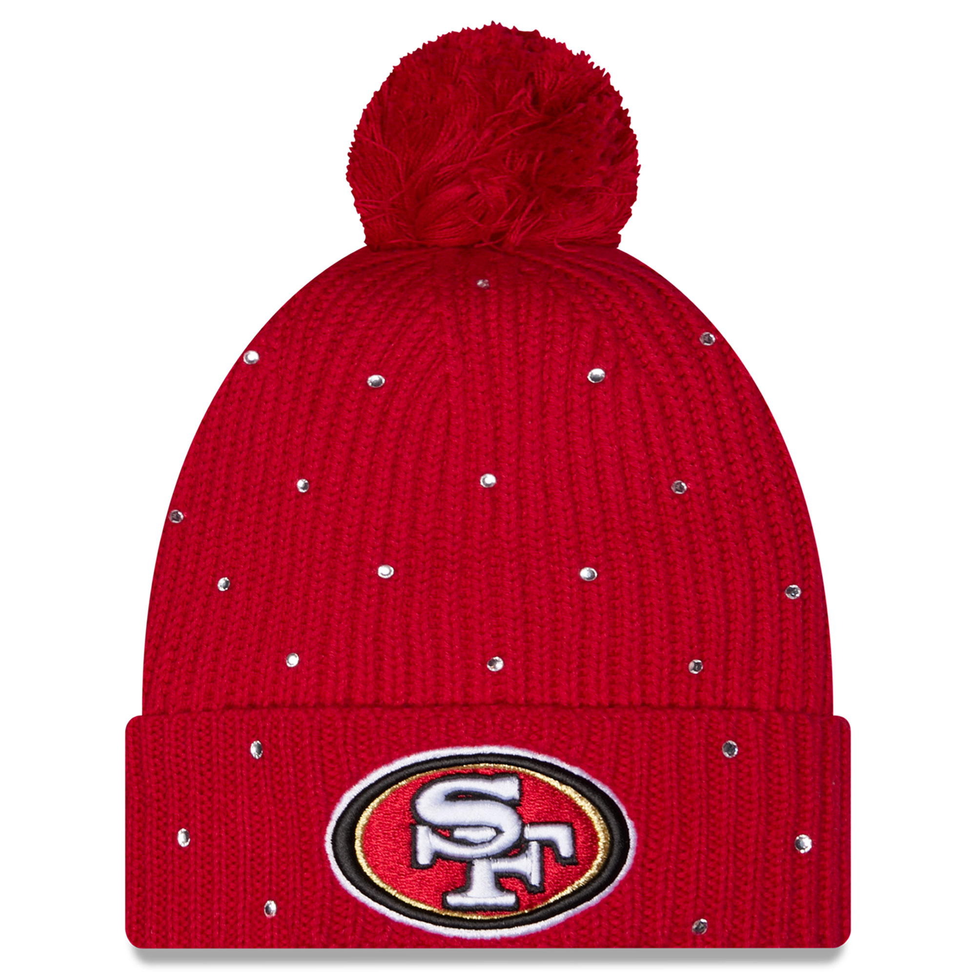 Women's New Era Scarlet San Francisco 49ers Rhinestone Cuffed Knit Hat with Pom