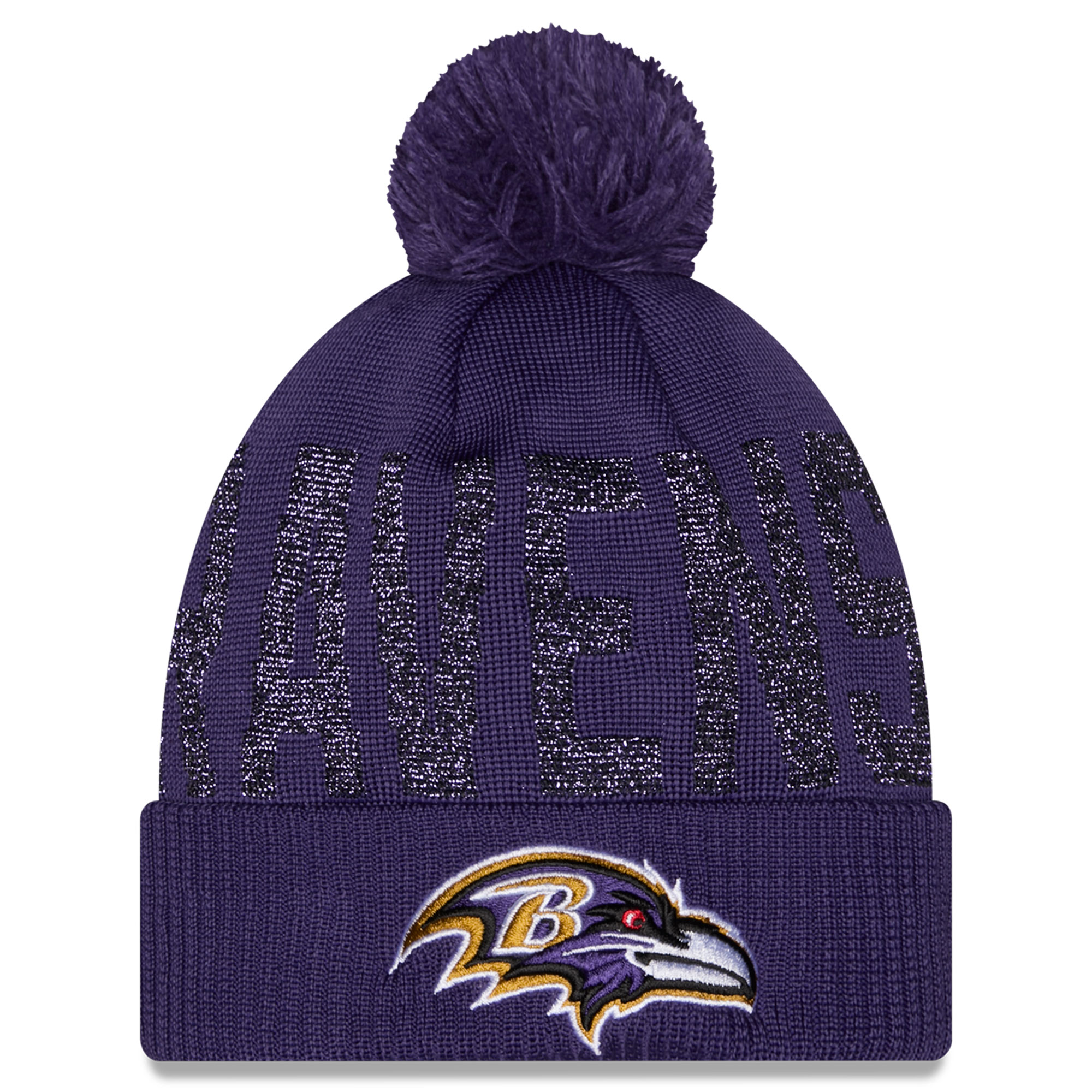 Women's New Era Purple Baltimore Ravens Shimmer Cuffed Knit Hat with Pom