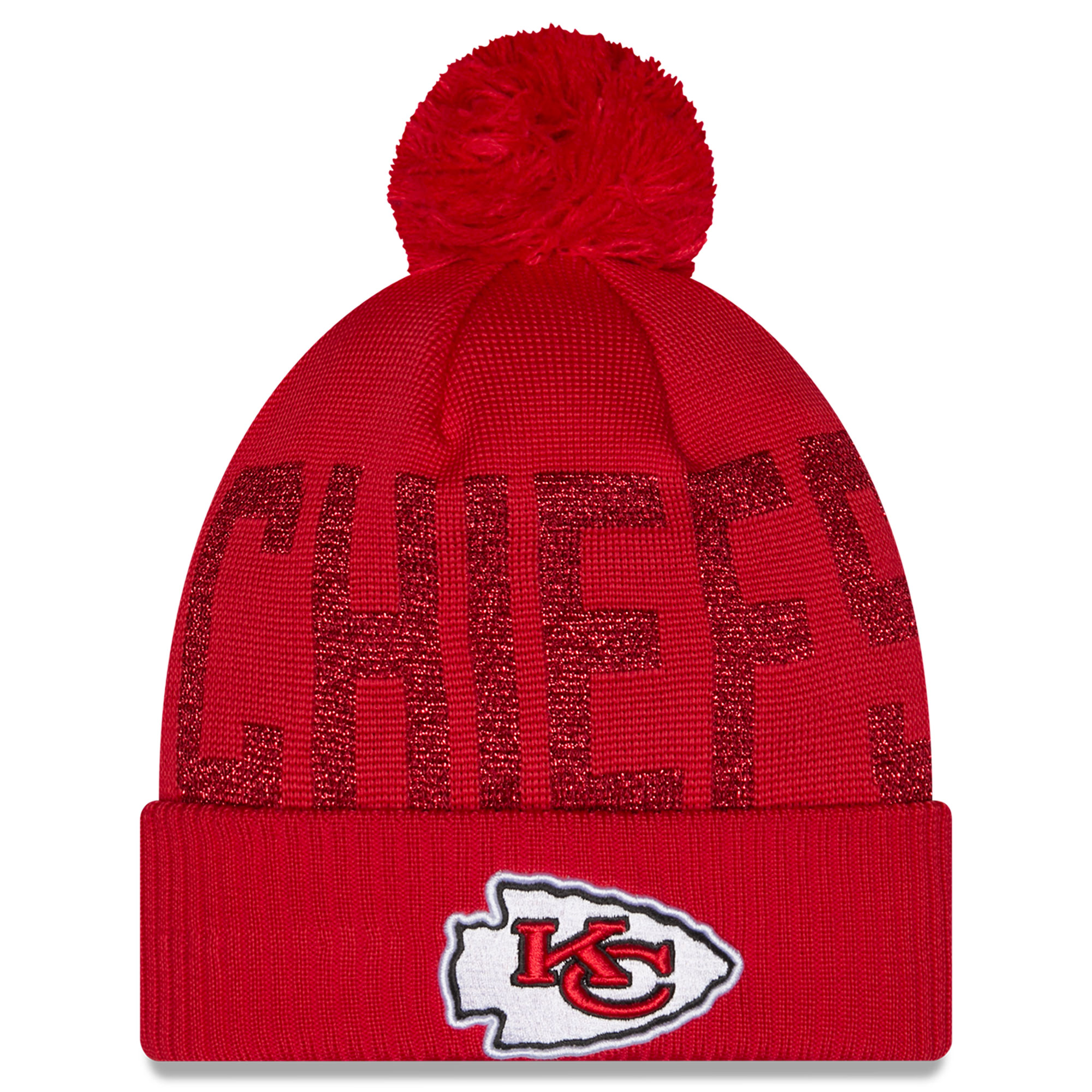 Women's New Era Red Kansas City Chiefs Shimmer Cuffed Knit Hat with Pom