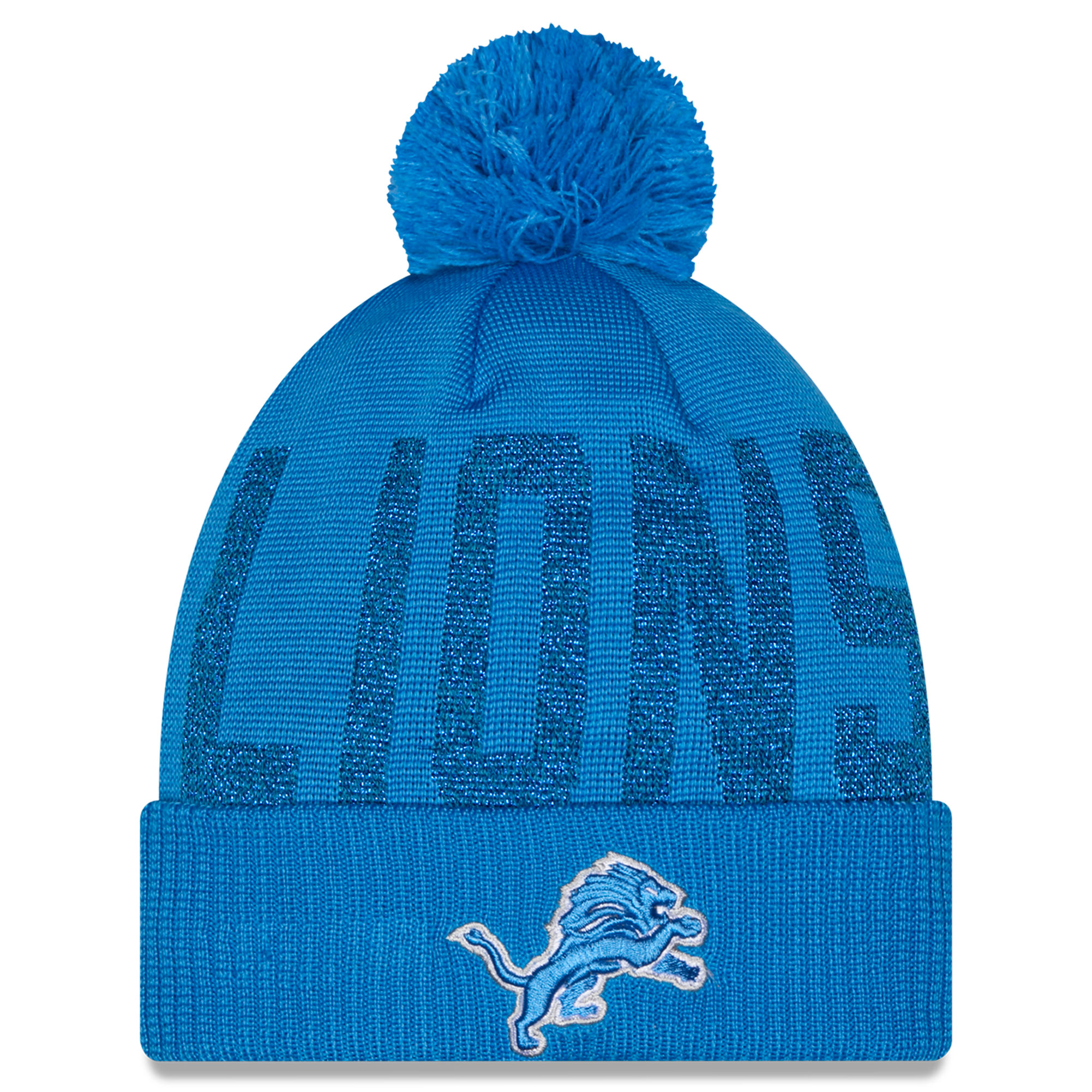 Women's New Era Blue Detroit Lions Shimmer Cuffed Knit Hat with Pom